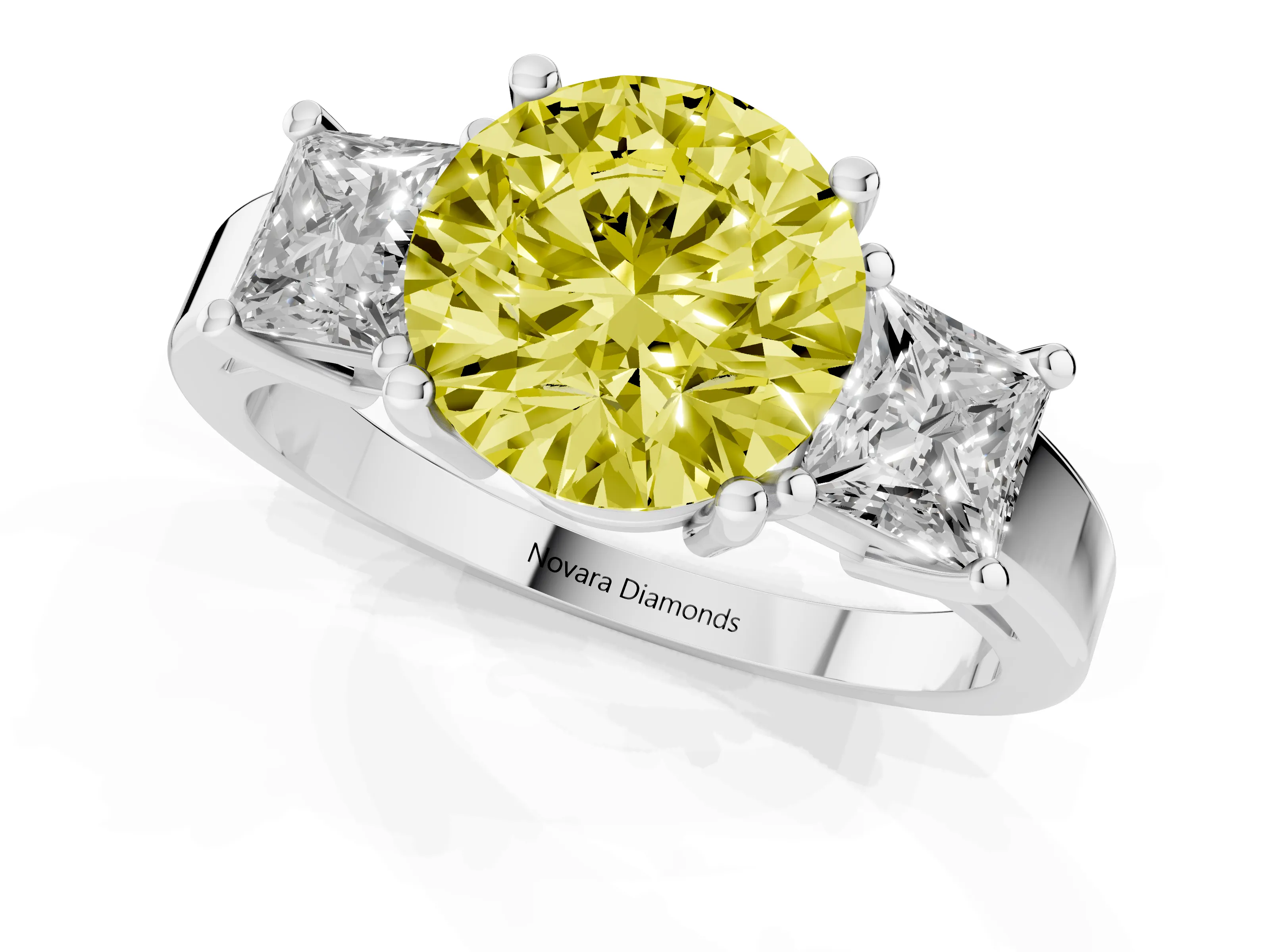 Fancy Yellow Three-Stone Round Cut Diamond Solitaire Ring Set in Silver with Prong Setting