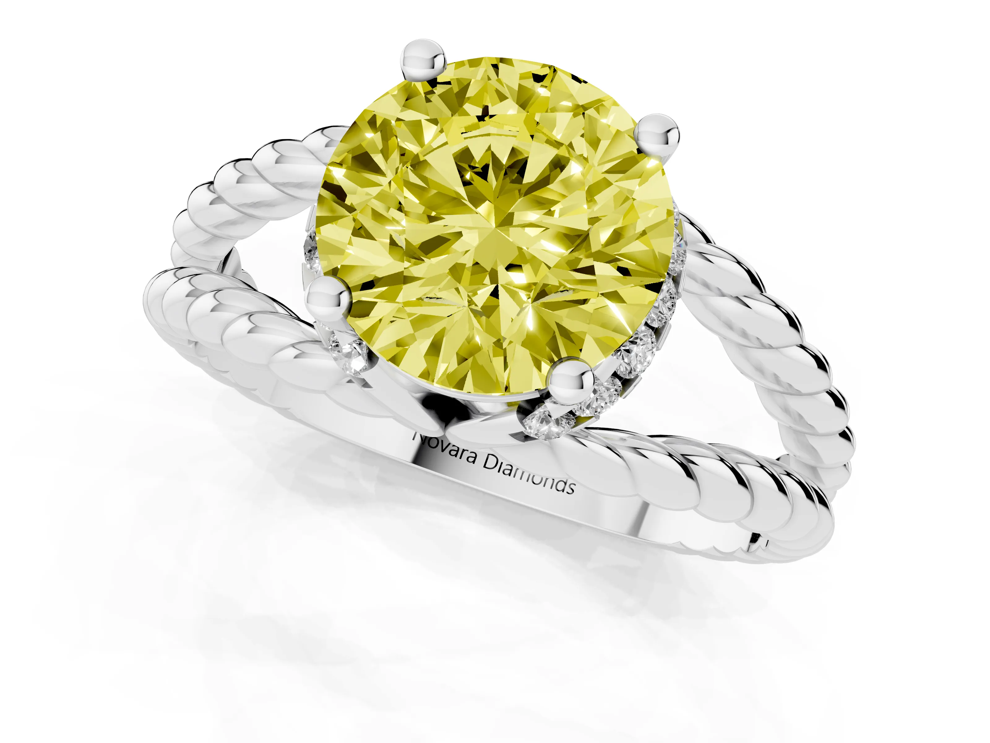 Fancy Yellow Round Cut Diamond Halo Ring Set in White gold with Twisted Band and Prong Setting