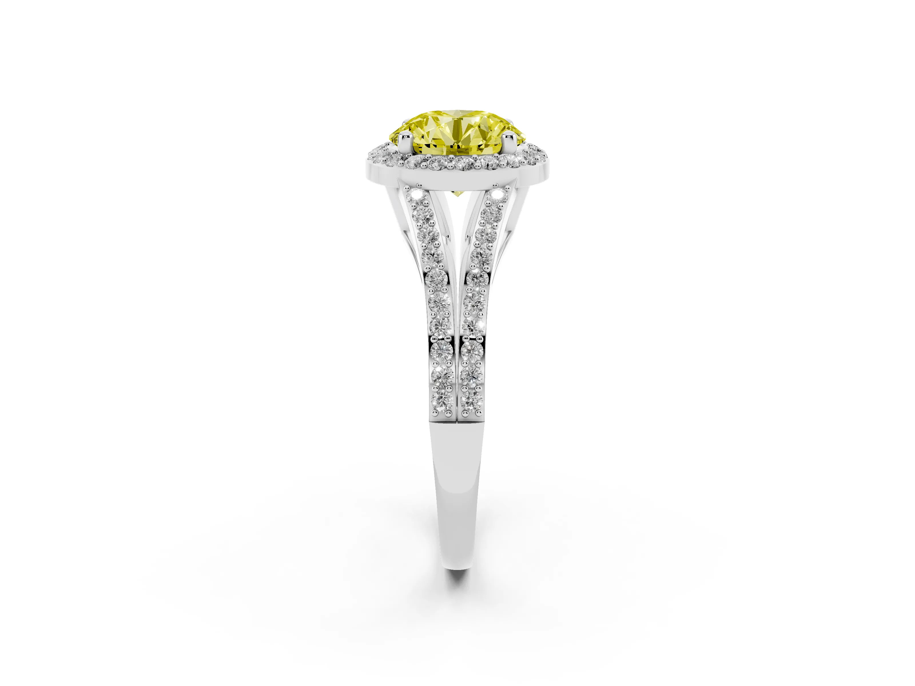 Fancy Yellow Round Cut Diamond Halo Split Shank Pavé Ring Set in White gold with Prong Setting
