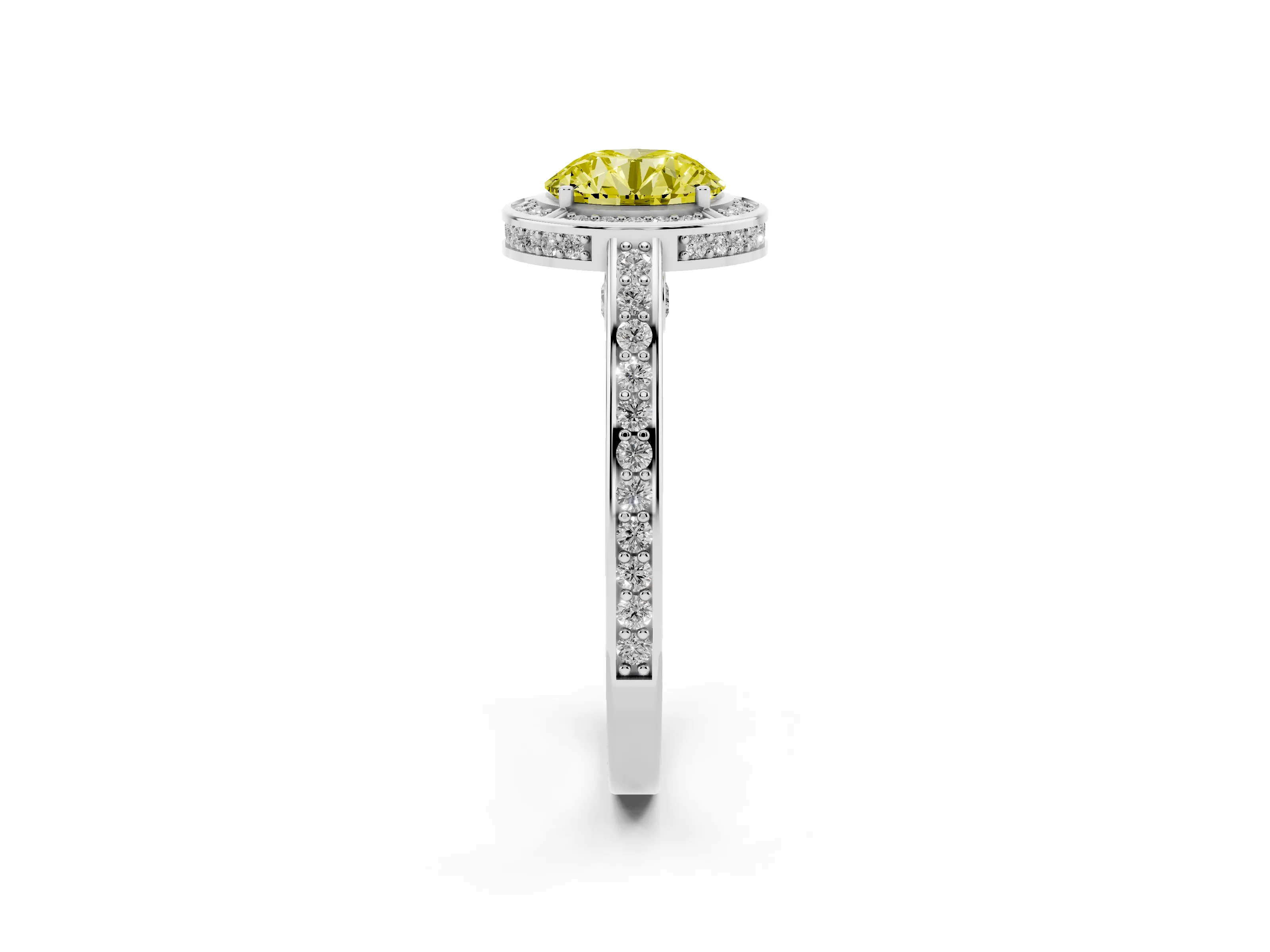 Fancy Yellow Round Cut Diamond Halo Pavé Split Shank Ring Set in White gold with Prong Setting