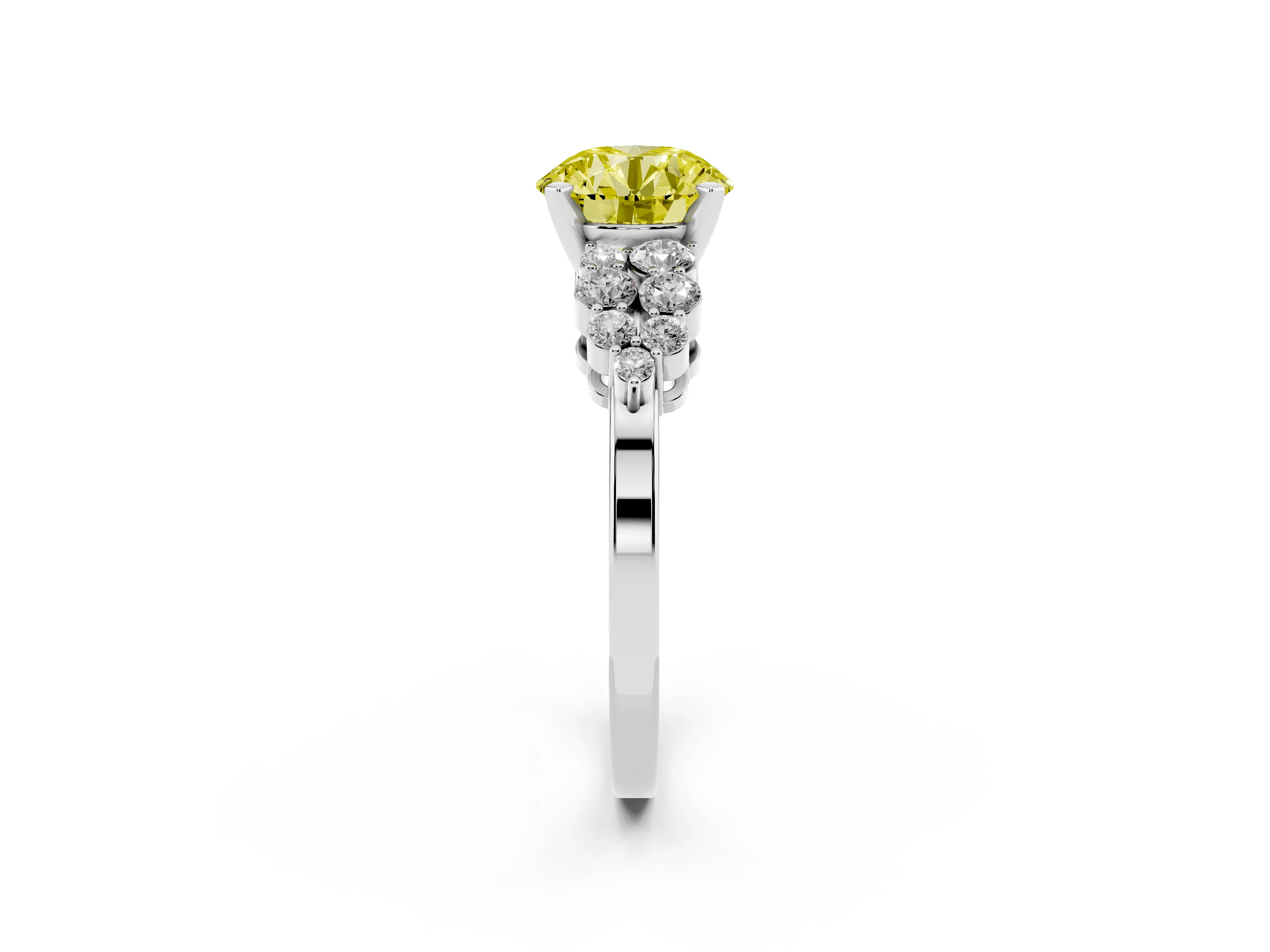 Fancy Yellow Round Cut Diamond Cluster Engagement Ring Set in Silver with Pavé Band and Prong Setting