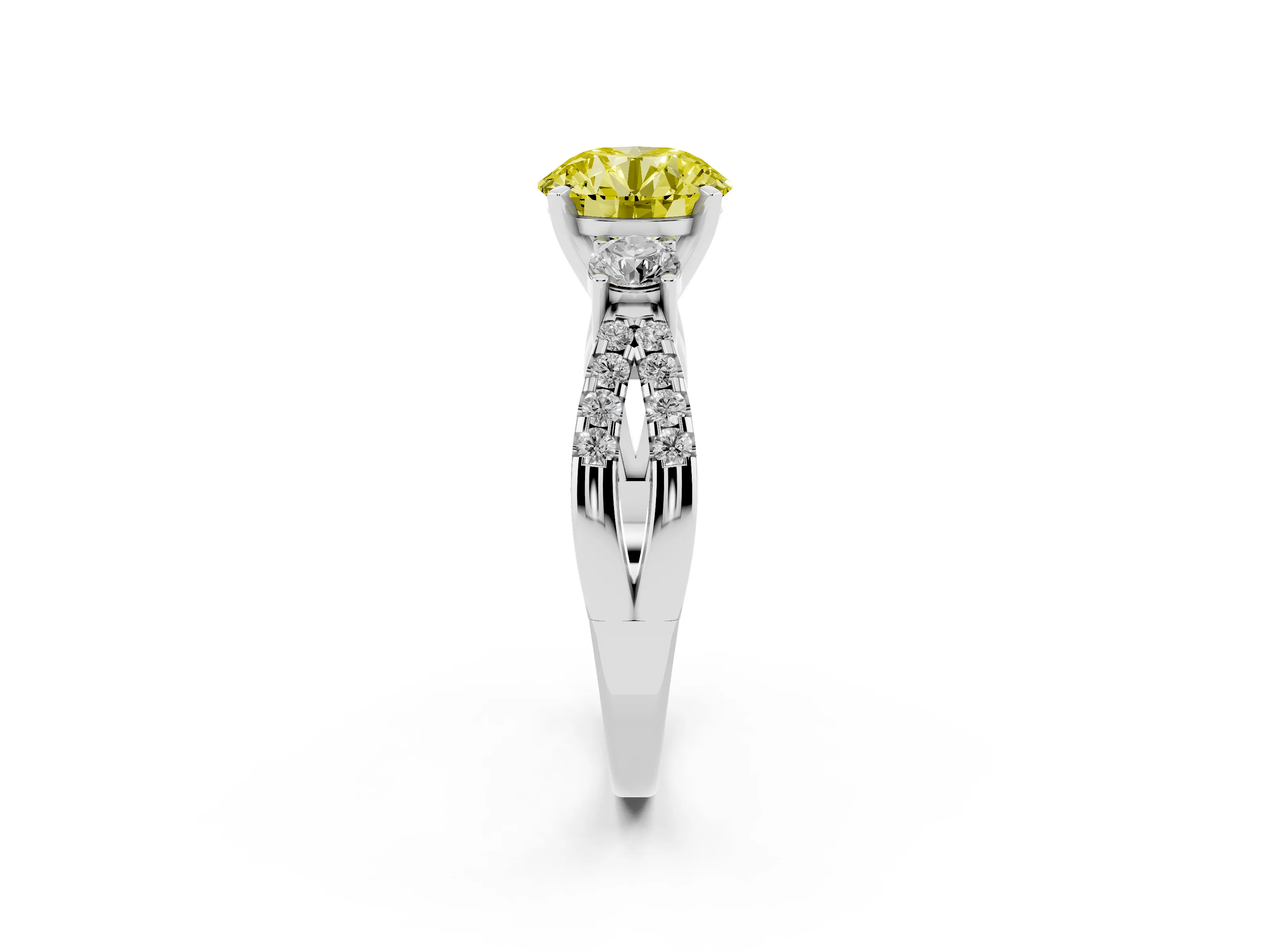 Fancy Yellow Round Cut Diamond Three-Stone Ring Set in White gold with Pavé Split Shank and Prong Setting