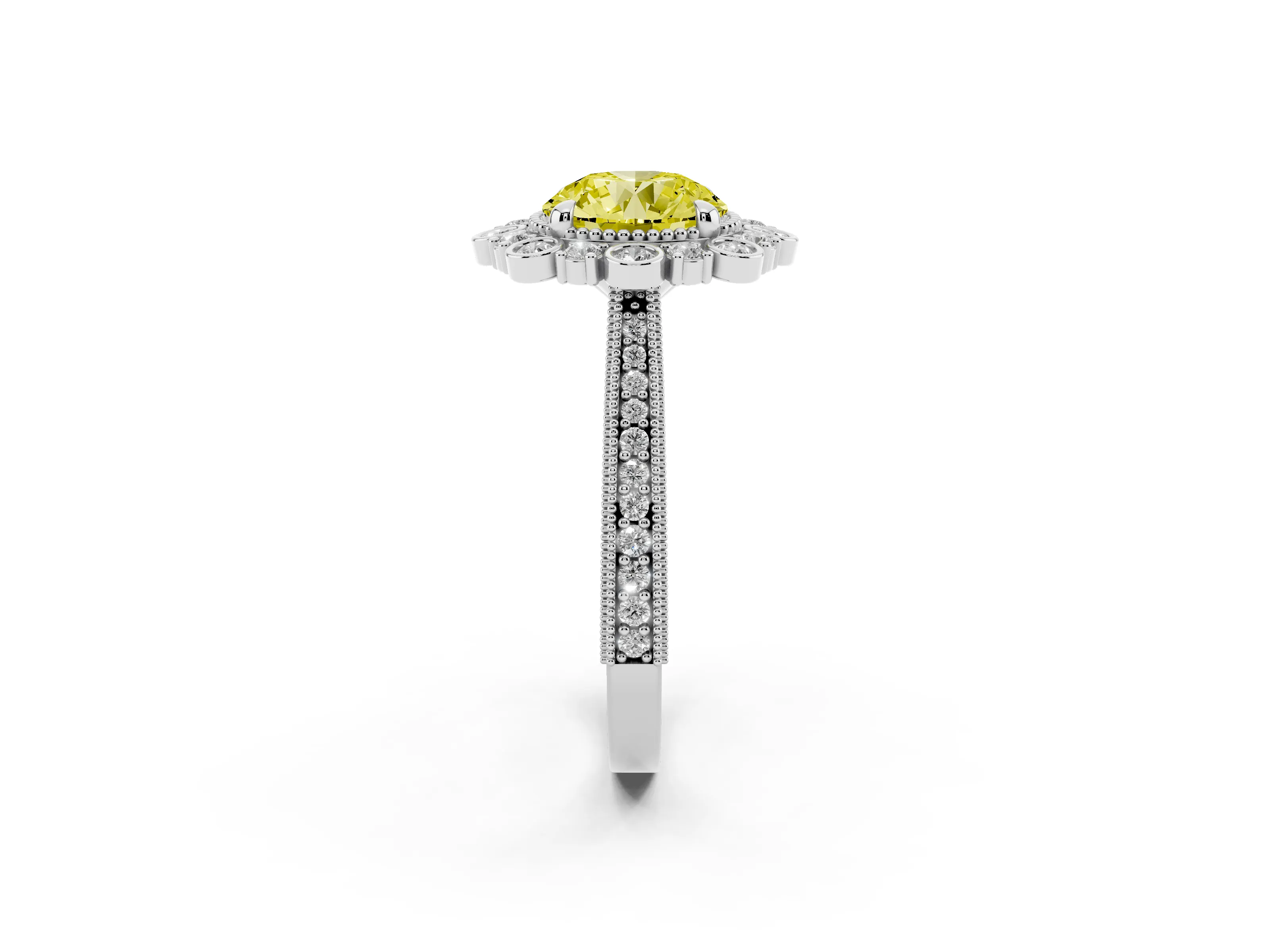 Fancy Yellow Round Cut Diamond Halo Milgrain Pavé Ring Set in White gold with Prong Setting