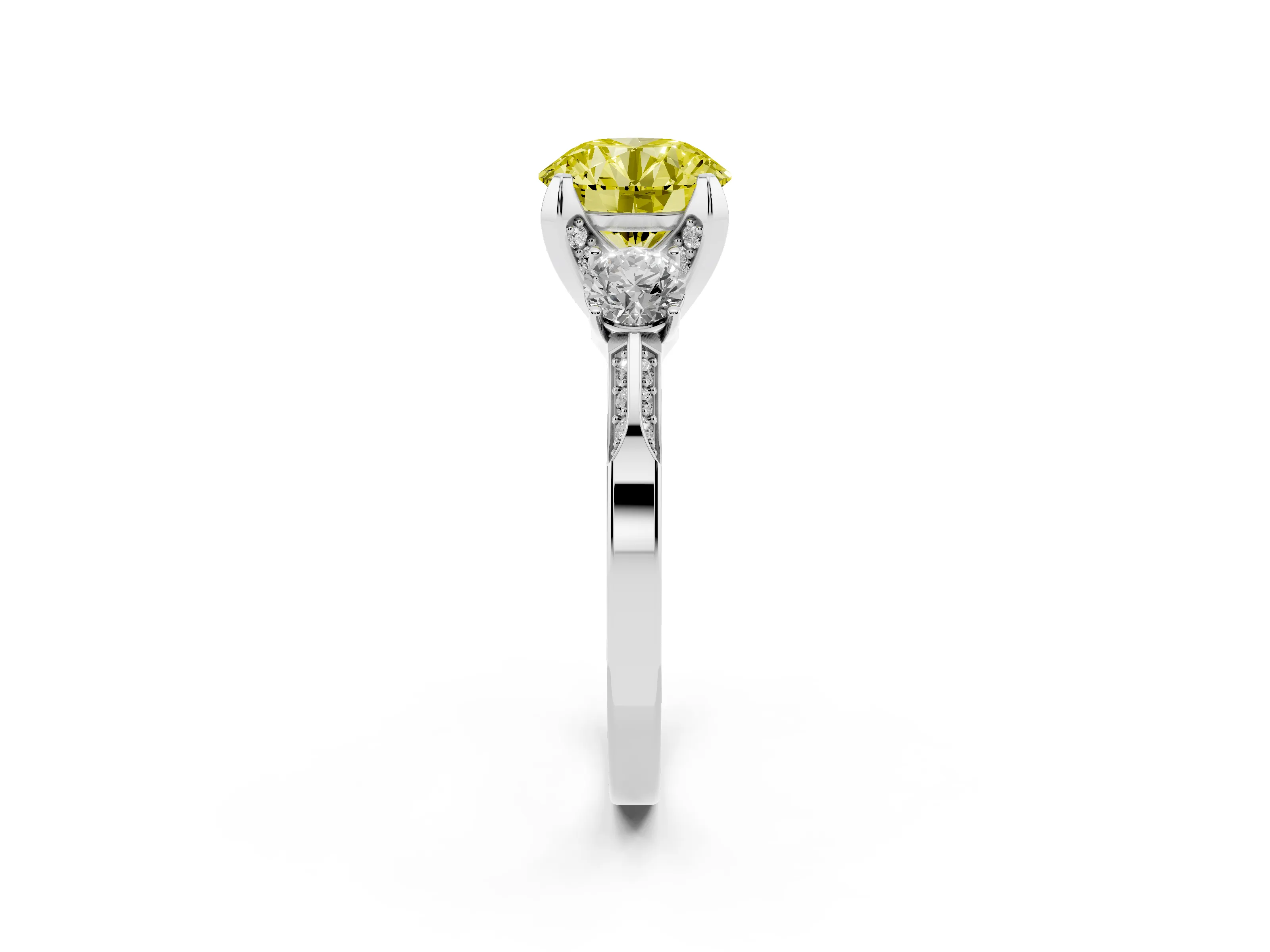 Fancy Yellow Round Cut Diamond Three-Stone Ring Set in Silver with Pavé Band and Smaller Side Stones