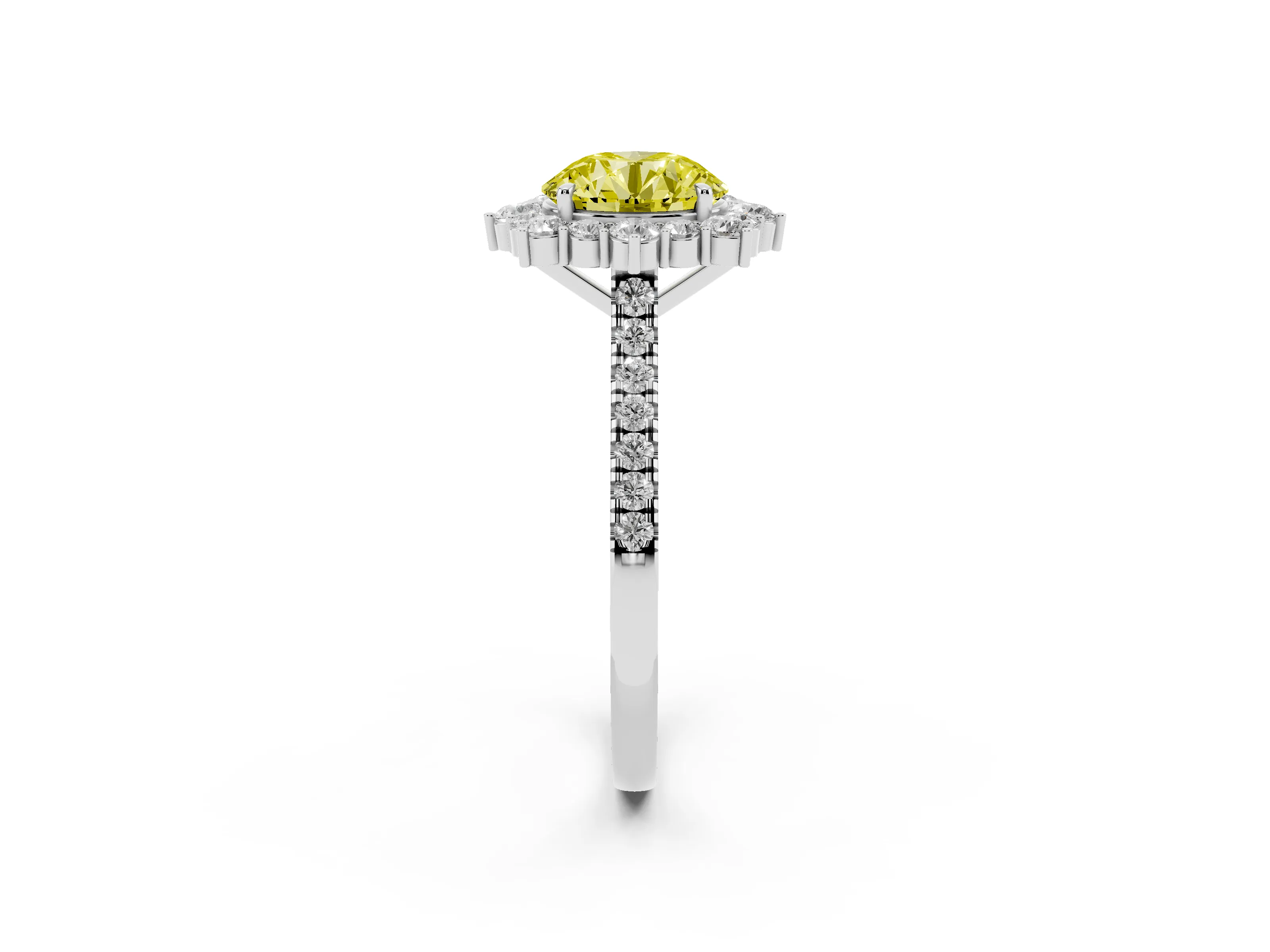 Fancy Yellow Round Cut Diamond Halo Ring Set in Silver with Pavé Band and Prong Setting
