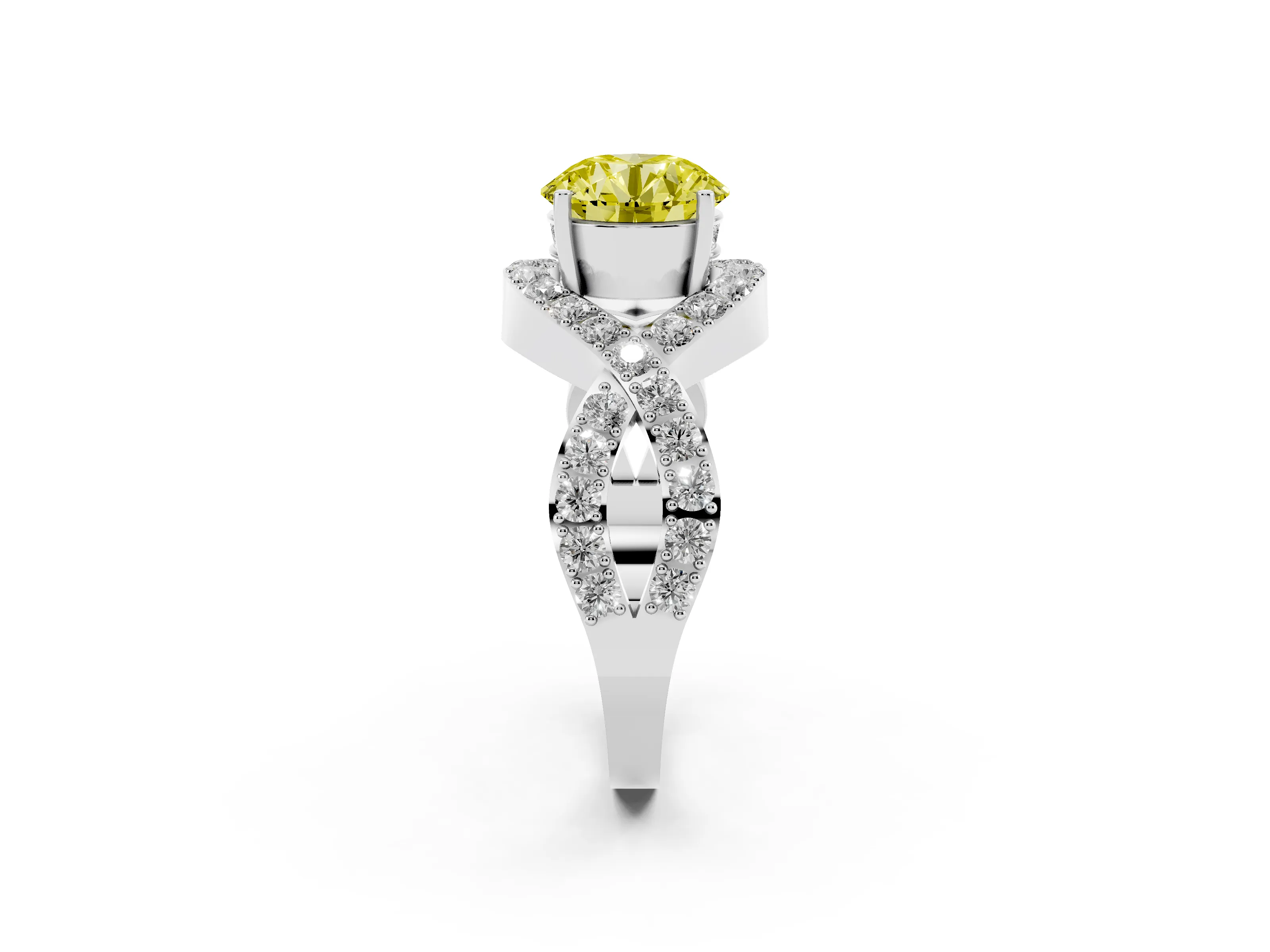 Fancy Yellow Round Cut Diamond Solitaire Twist Band Pavé Engagement Ring Set in Platinum