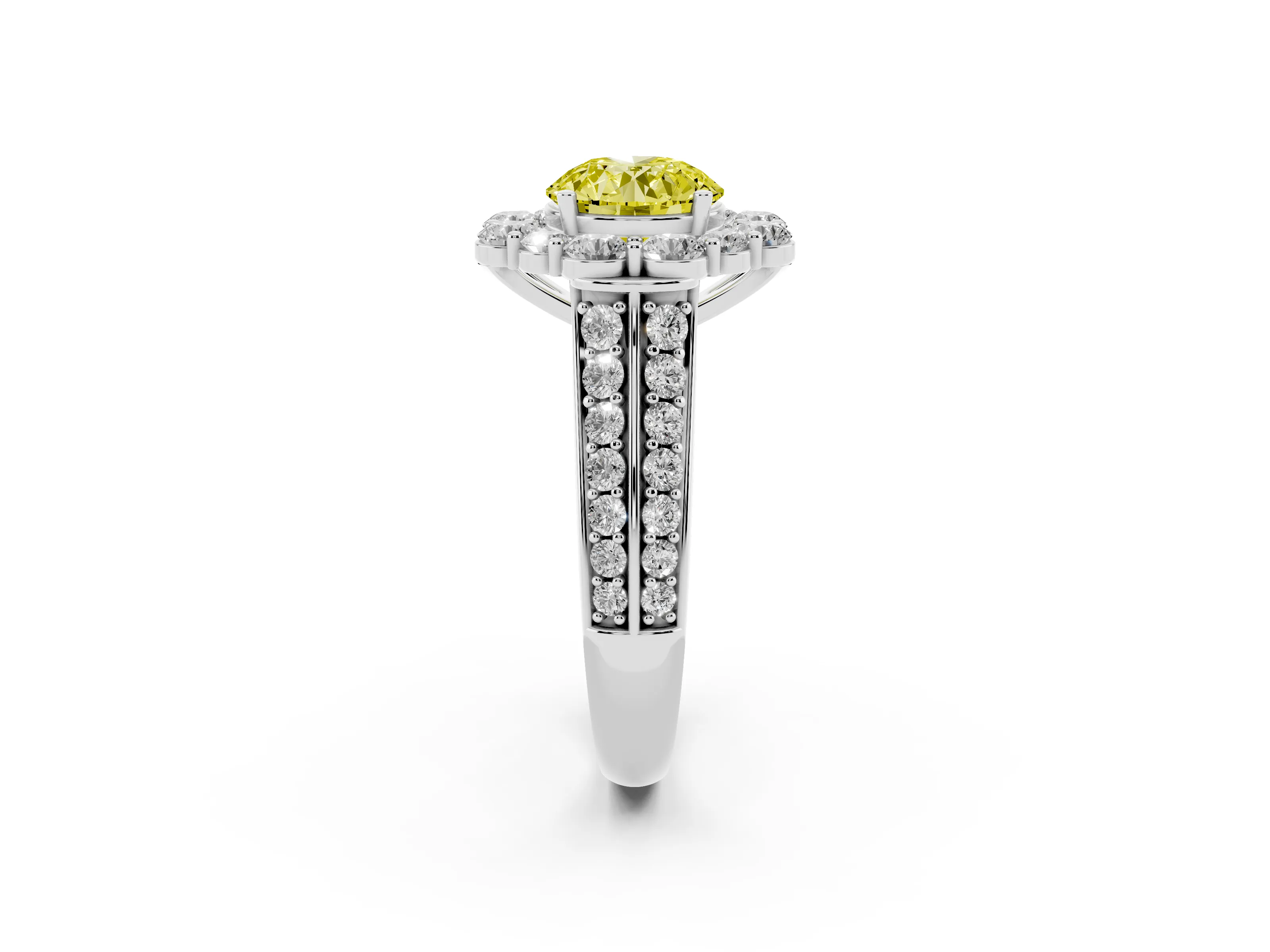 Fancy Yellow Round Cut Diamond Halo Engagement Ring Set in White gold with Split Shank and Prong Setting