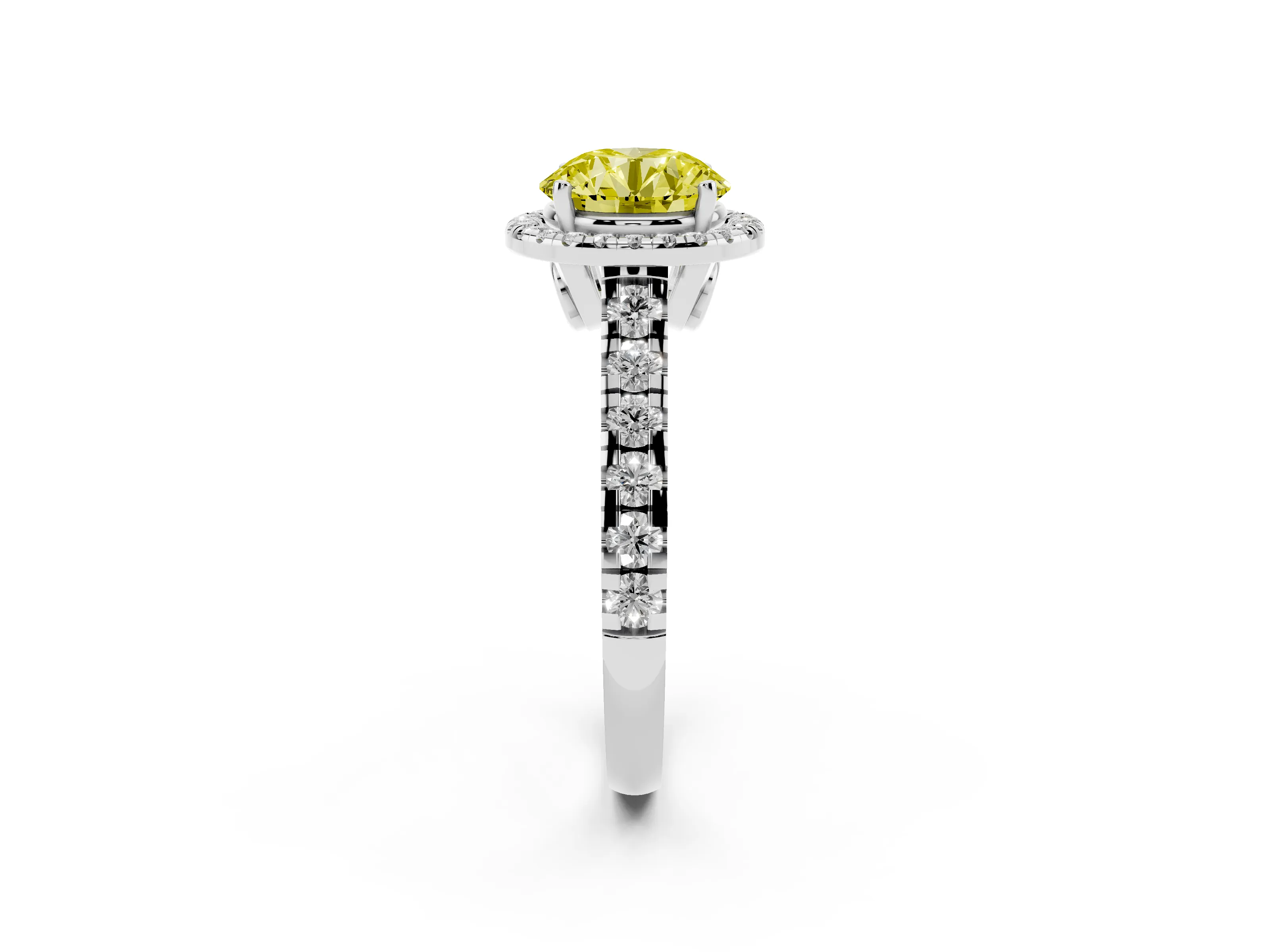 Fancy Yellow Round Cut Diamond Halo Engagement Ring Set in Platinum with Pavé Band and Prong-Set Center