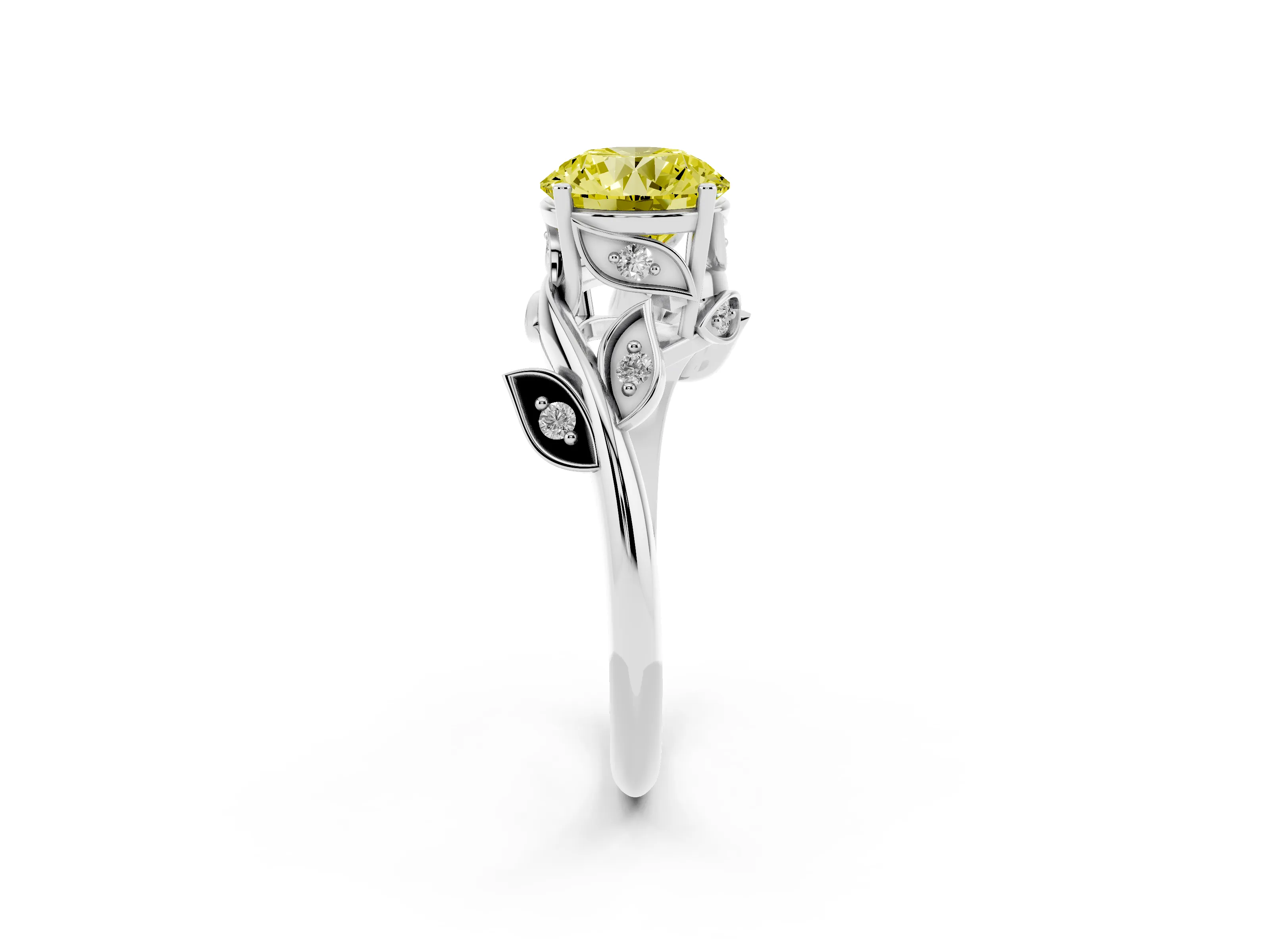 Fancy Yellow Round Cut Diamond Solitaire Twist Engagement Ring Set in Platinum with Pavé Leaf Accents