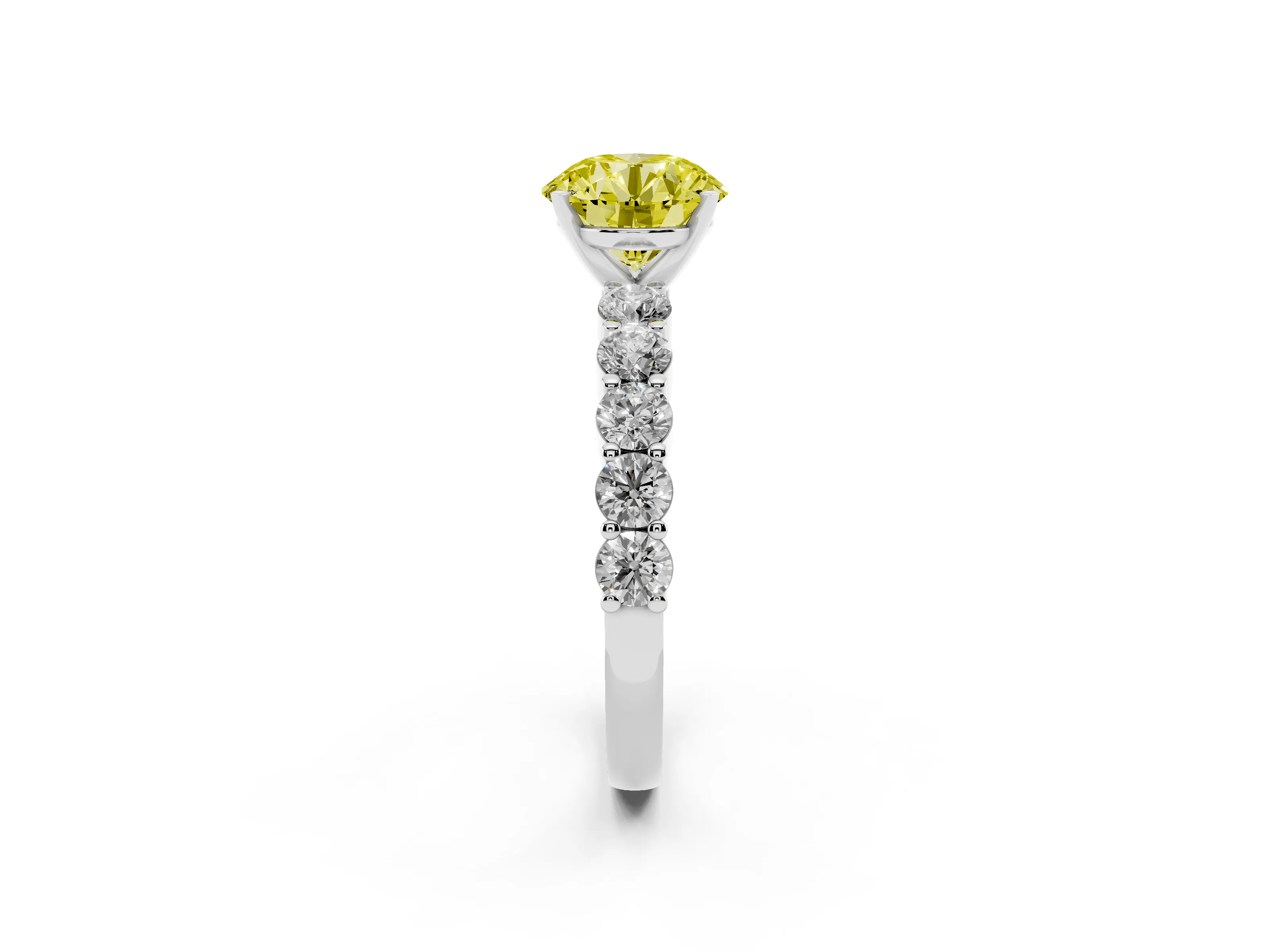 Fancy Yellow Round Cut Diamond Solitaire Ring Set in Platinum with Shared Prong Round Side Stones