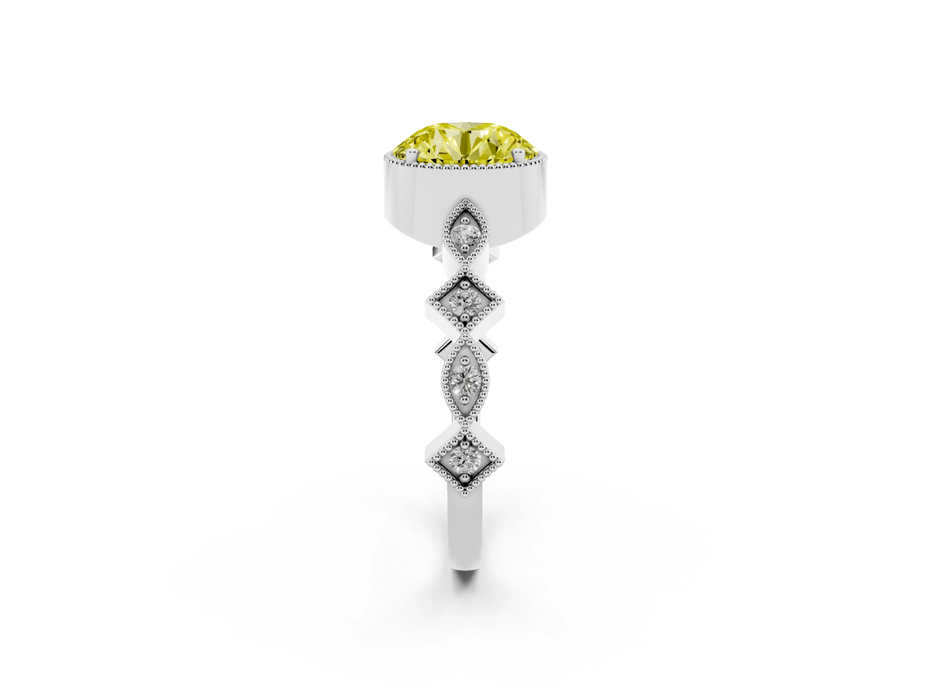 Fancy Yellow Round Cut Diamond Milgrain Marquise Twist Band Ring Set in Platinum with Prong Setting