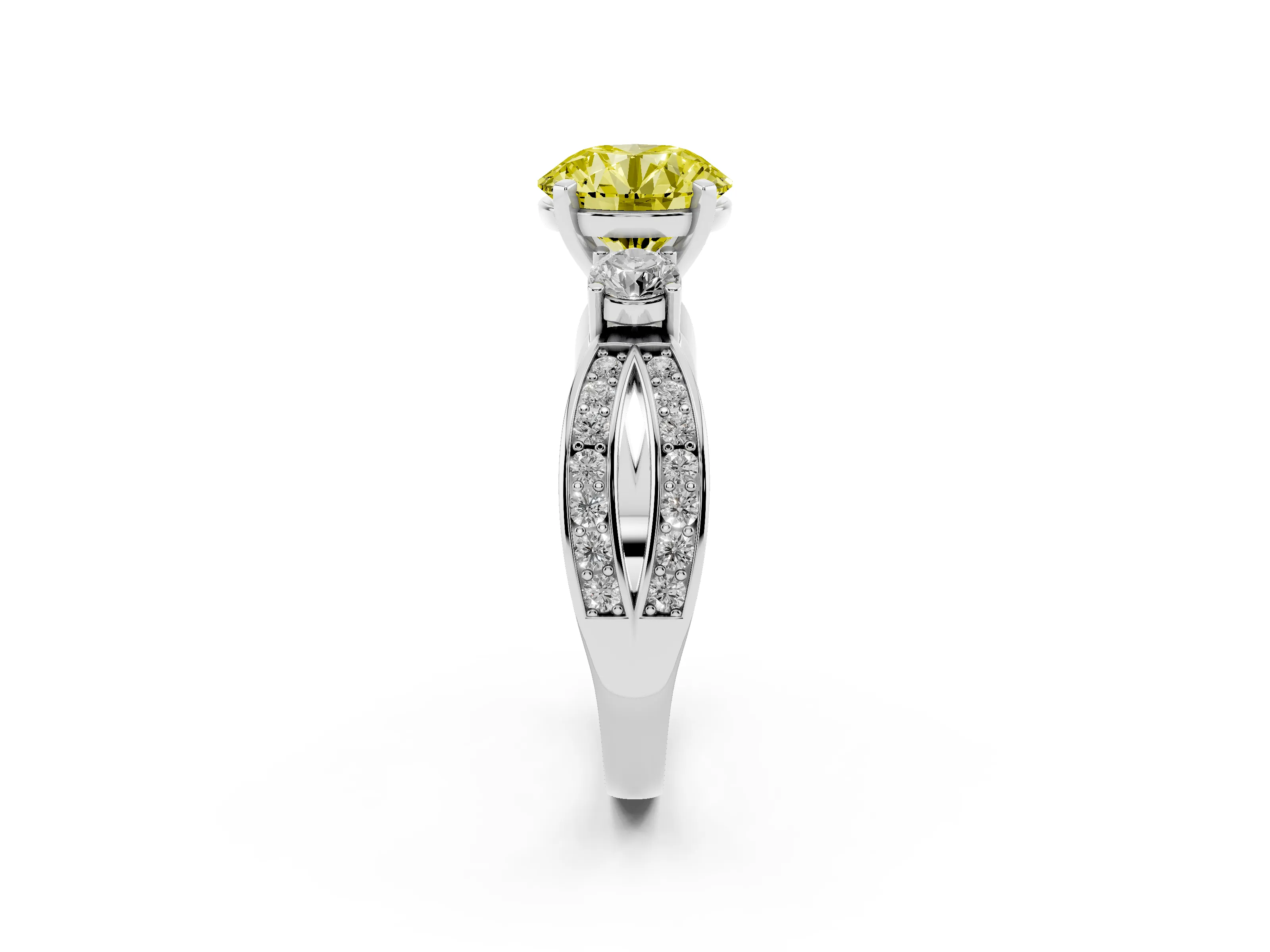 Fancy Yellow Three-Stone Round Cut Diamond Twist Band Ring Set in Silver with Pavé Accents and Prong Setting