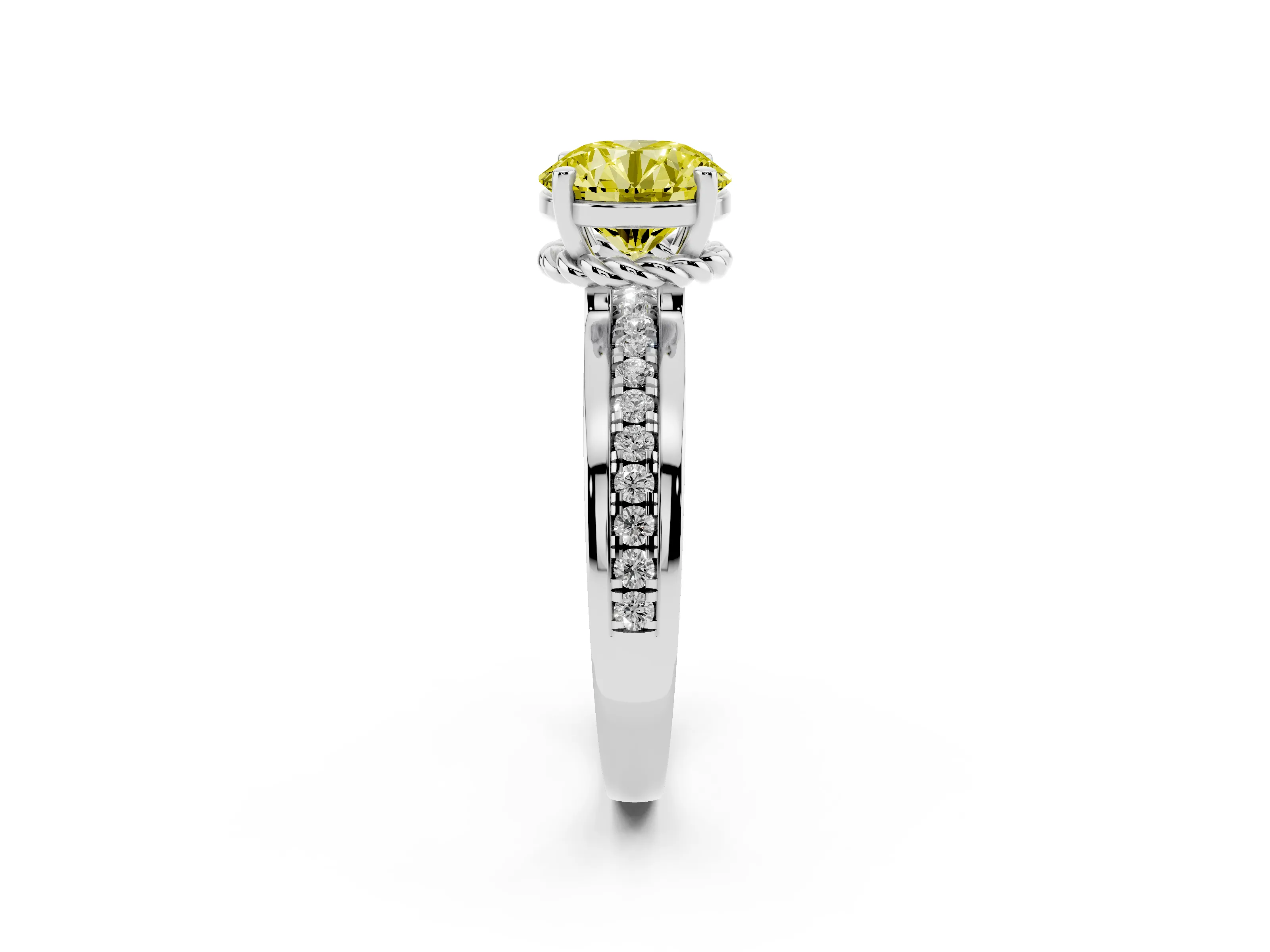 Fancy Yellow Round Cut Diamond Solitaire Ring Set in Silver with Channel Set Band and Prong Setting