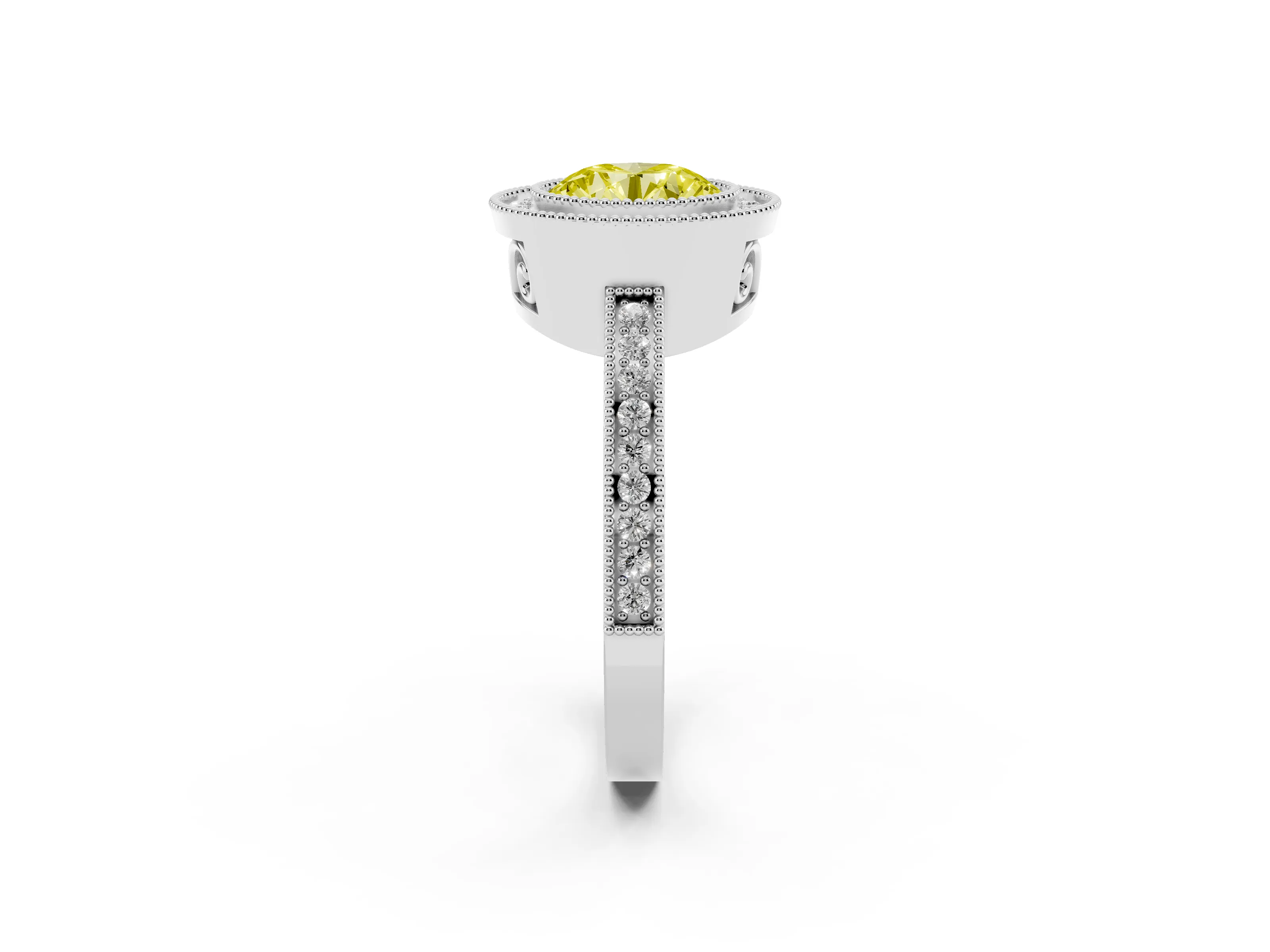 Fancy Yellow Round Cut Diamond Halo Ring Set in White gold with Pavé Band and Milgrain-Edged Prongs