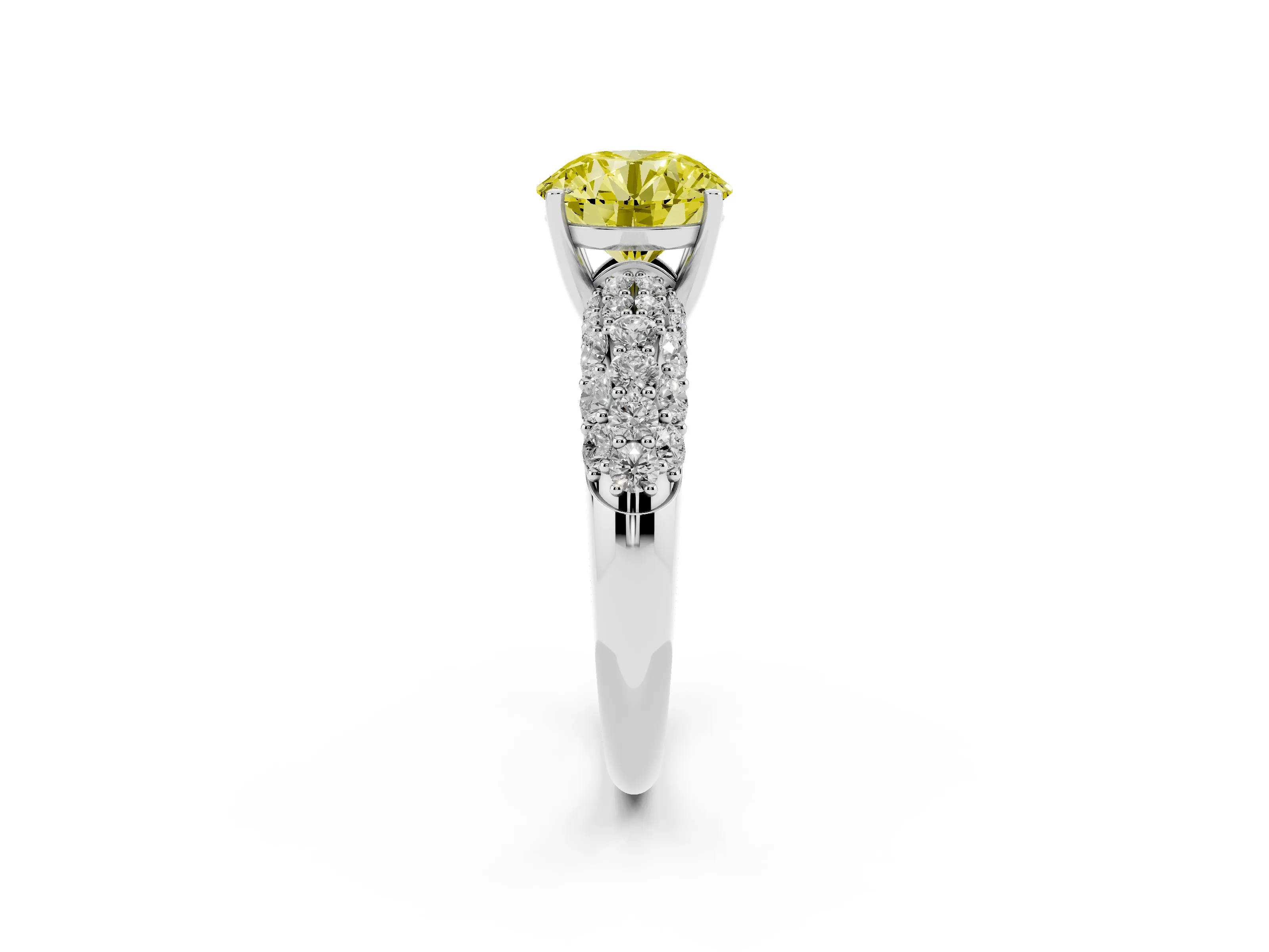 Fancy Yellow Round Cut Diamond Pavé Band Solitaire Ring Set in Silver with Close-Set Accent Stones and Prong Setting