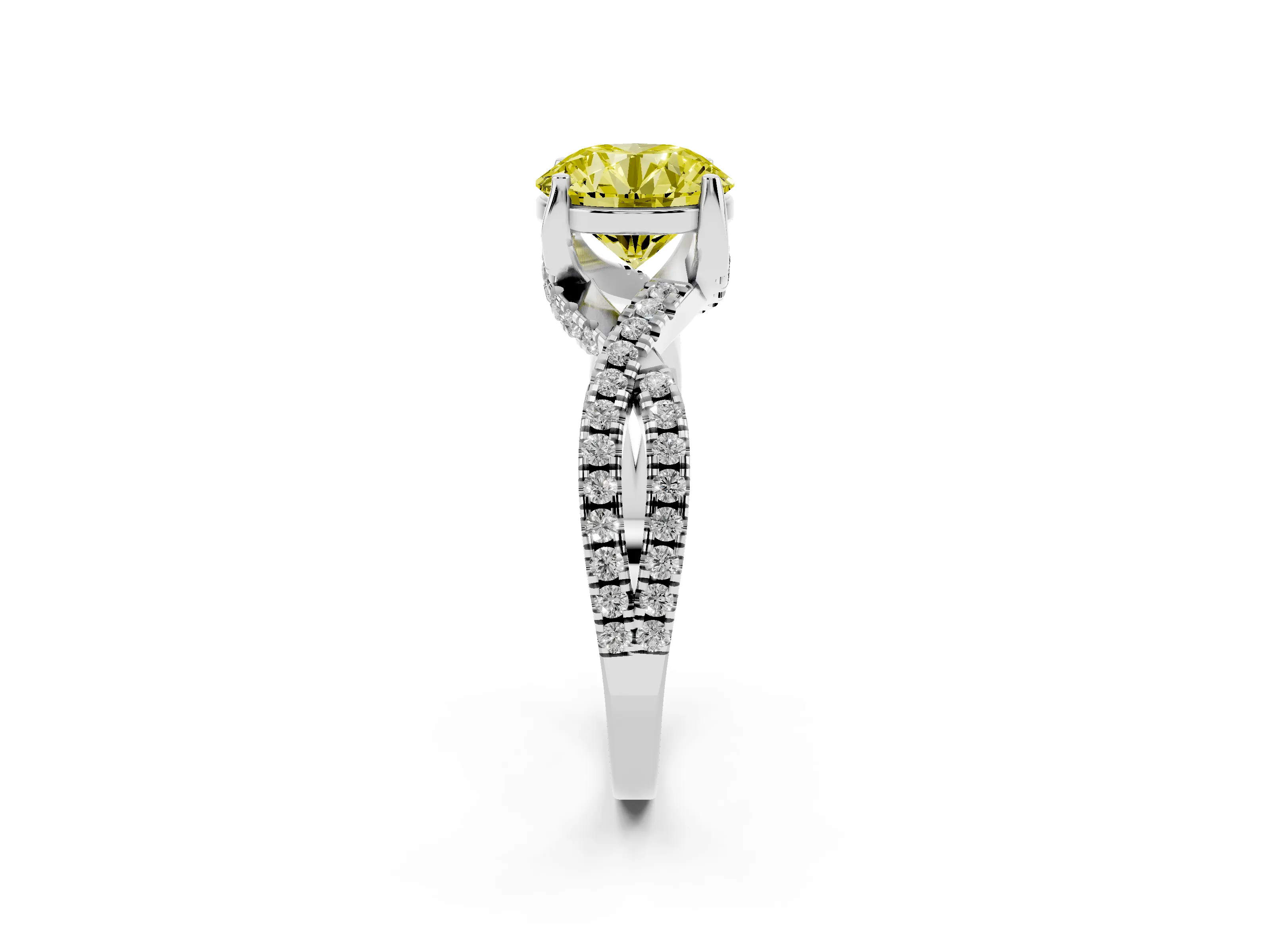 Fancy Yellow Round Cut Diamond Twist Pavé Solitaire Engagement Ring Set in Silver with Prong Setting