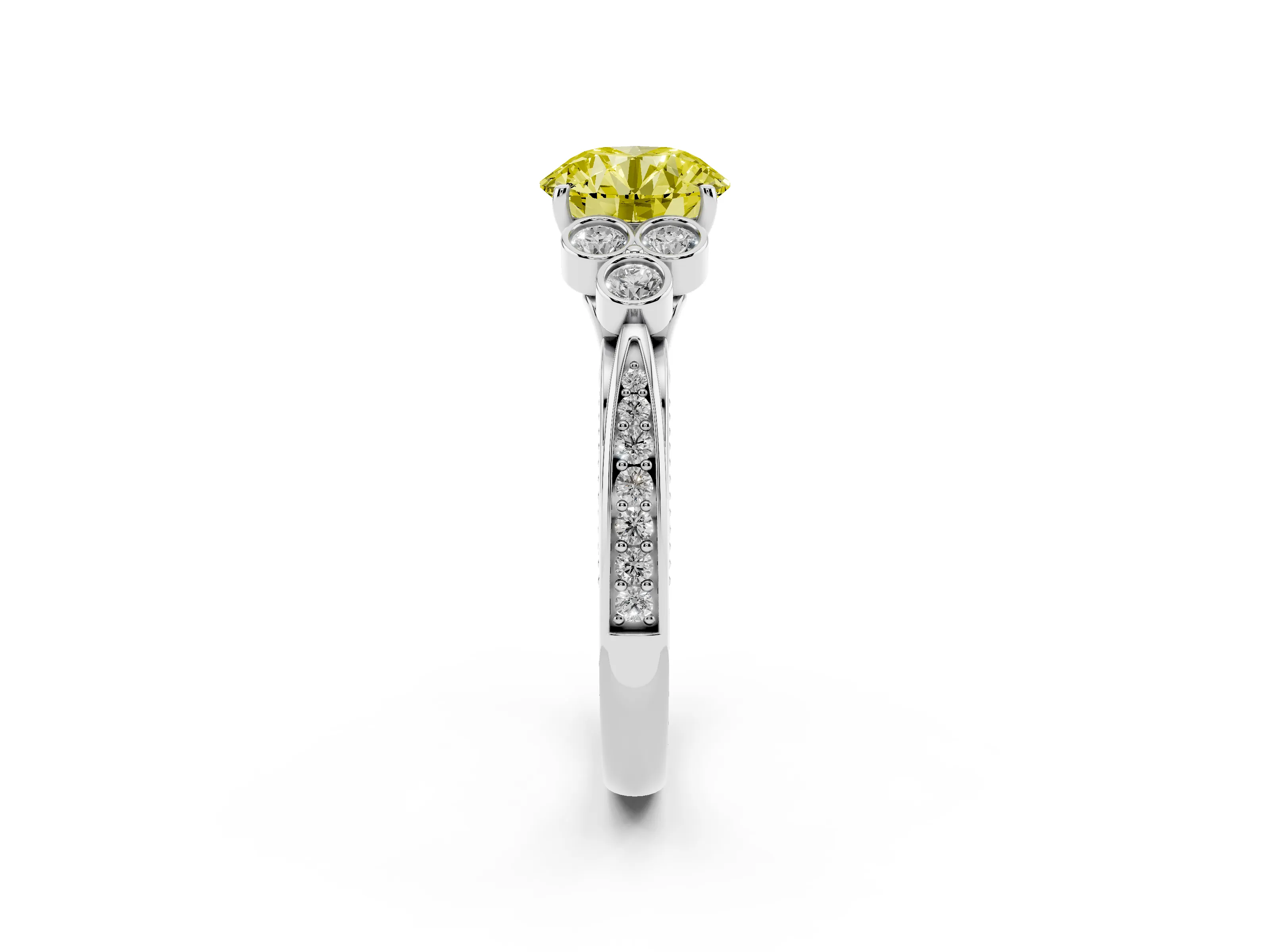 Fancy Yellow Round Cut Diamond Engagement Ring Set in White gold with Bezel Set Round Side Stones and Prong Setting