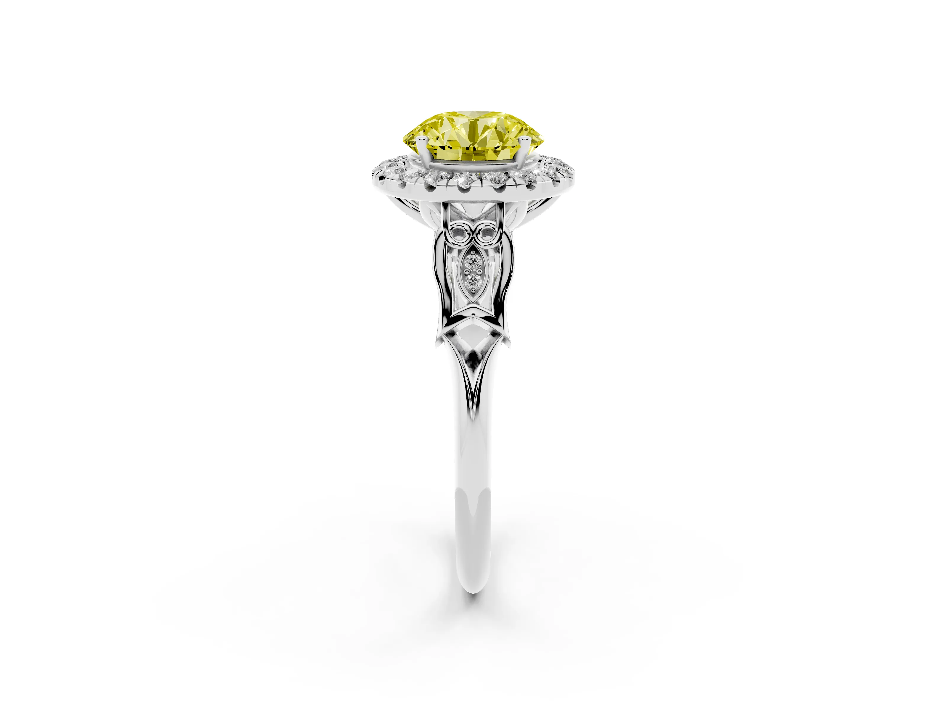 Fancy Yellow Round Cut Diamond Halo Engagement Ring Set in White gold with Filigree Band and Prong-Set Center