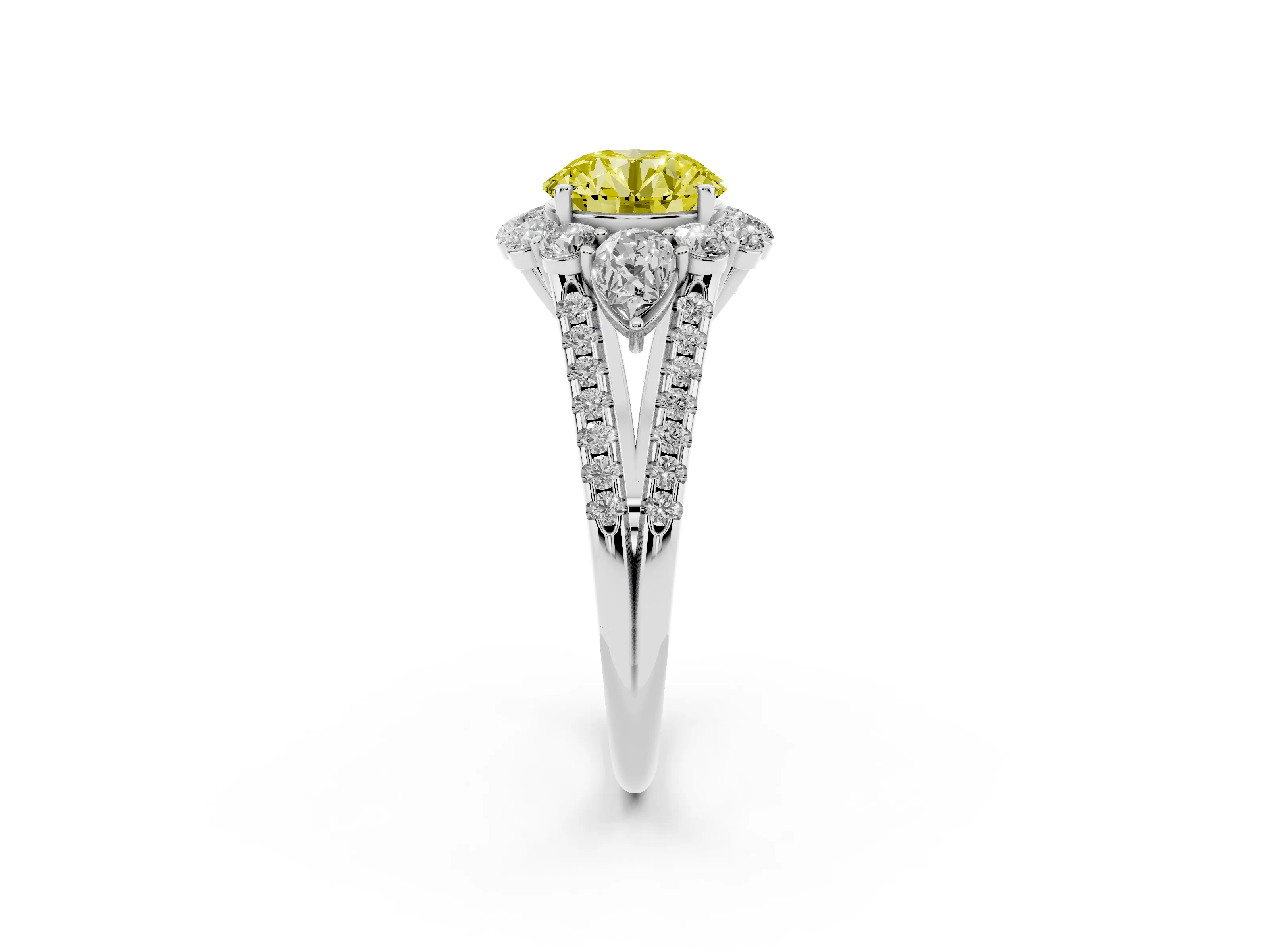 Fancy Yellow Round Cut Diamond Halo Split Shank Engagement Ring Set in White gold with Prong-Held Center Stone