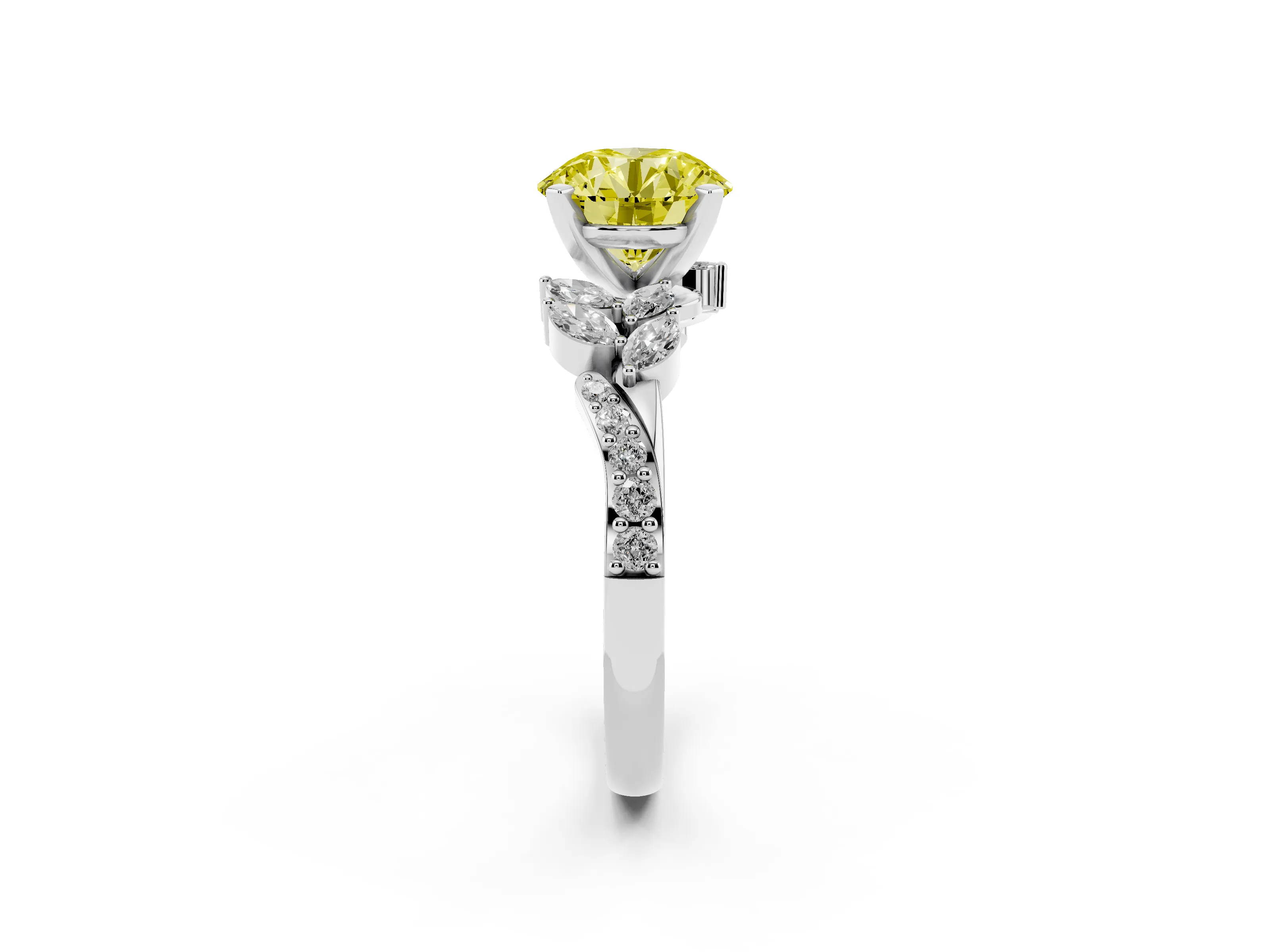 Fancy Yellow Round Cut Diamond Solitaire Ring Set in Silver with Marquise Twist Band and Prong Setting