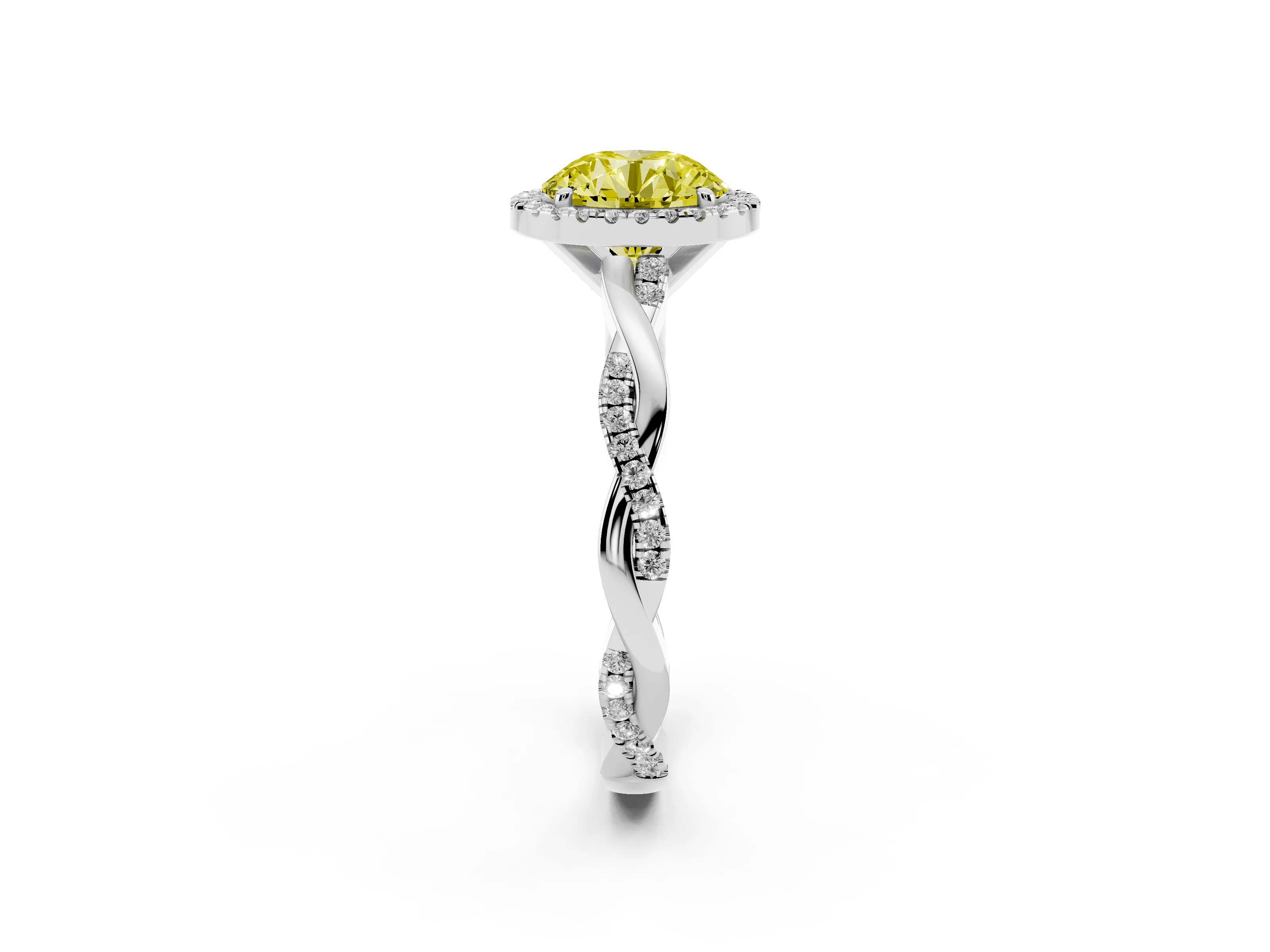 Fancy Yellow Round Cut Diamond Halo Twisted Band Ring Set in Silver with Prong Setting