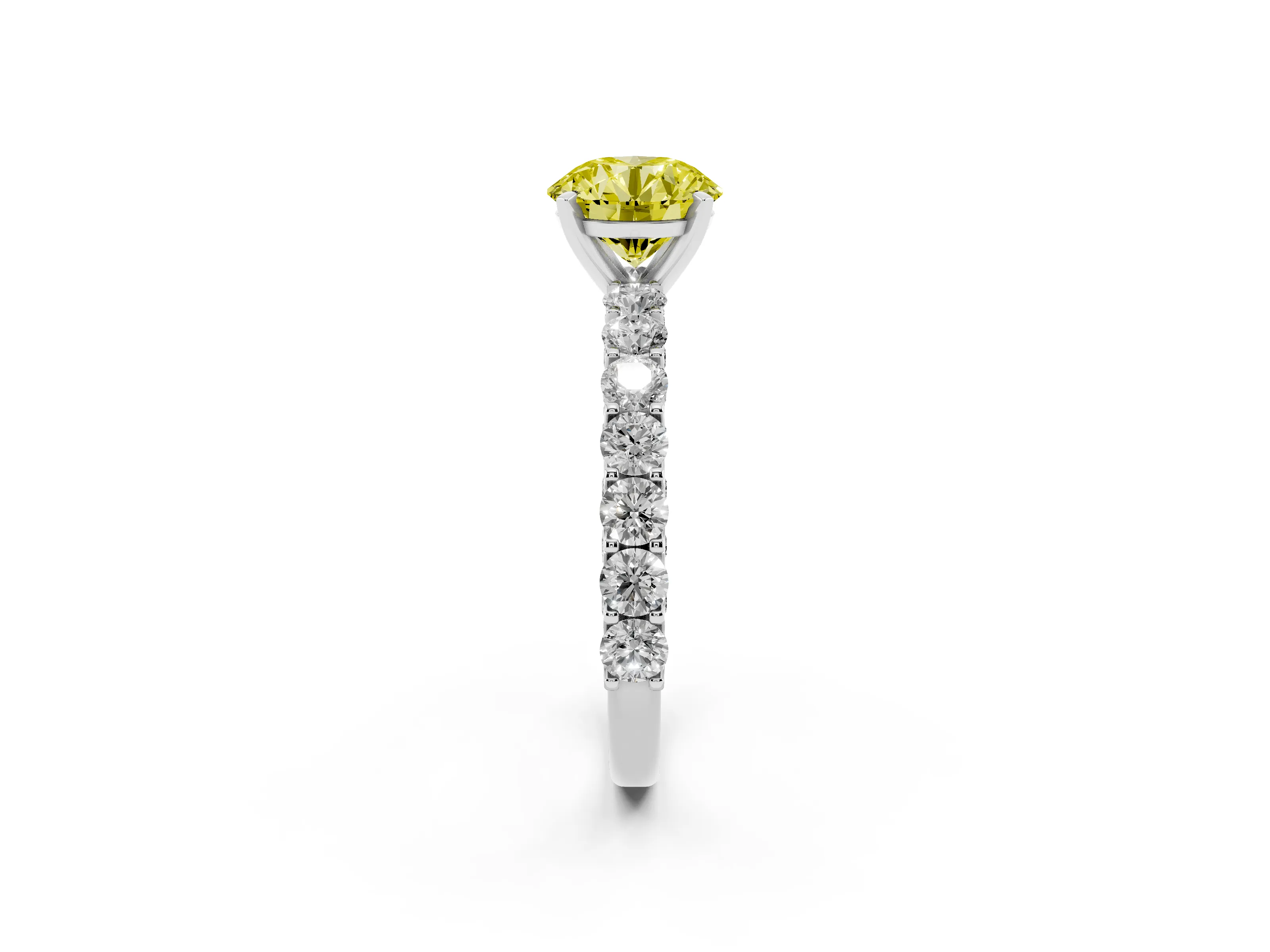 Fancy Yellow Round Cut Diamond Solitaire Ring Set in Silver with Shared Prong Pavé Band