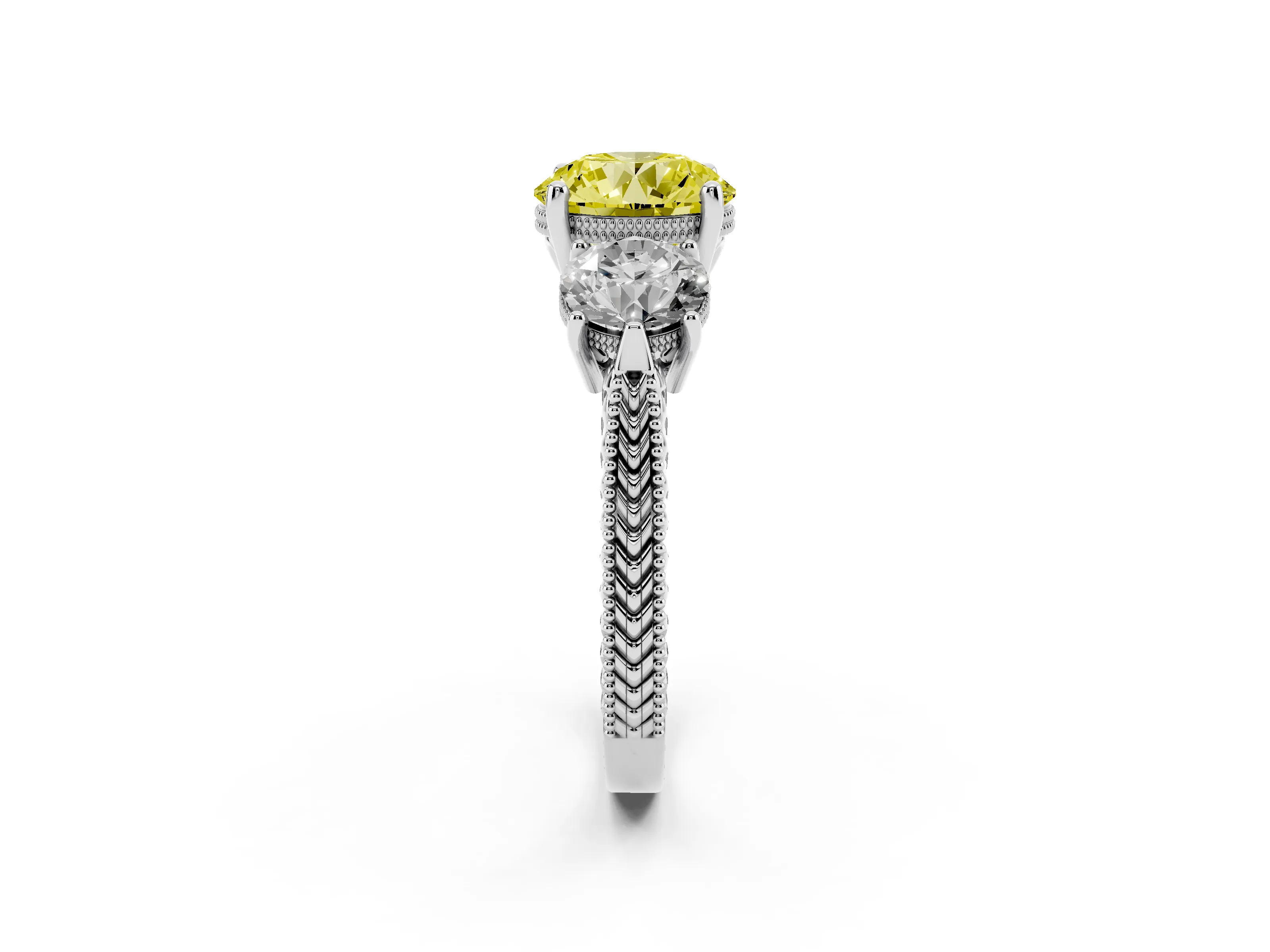 Fancy Yellow Round Cut Diamond Three-Stone Ring Set in Silver with Milgrain Band