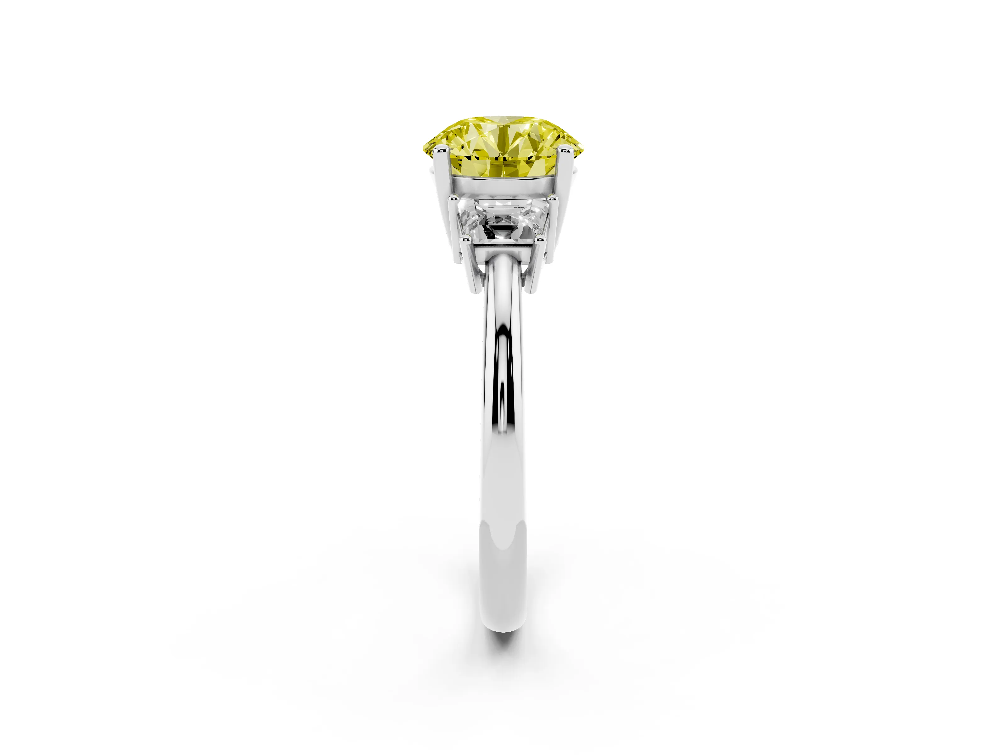 Fancy Yellow Round Cut Diamond Three-Stone Ring Set in White gold with Trapezoid Side Stones and Prong Setting