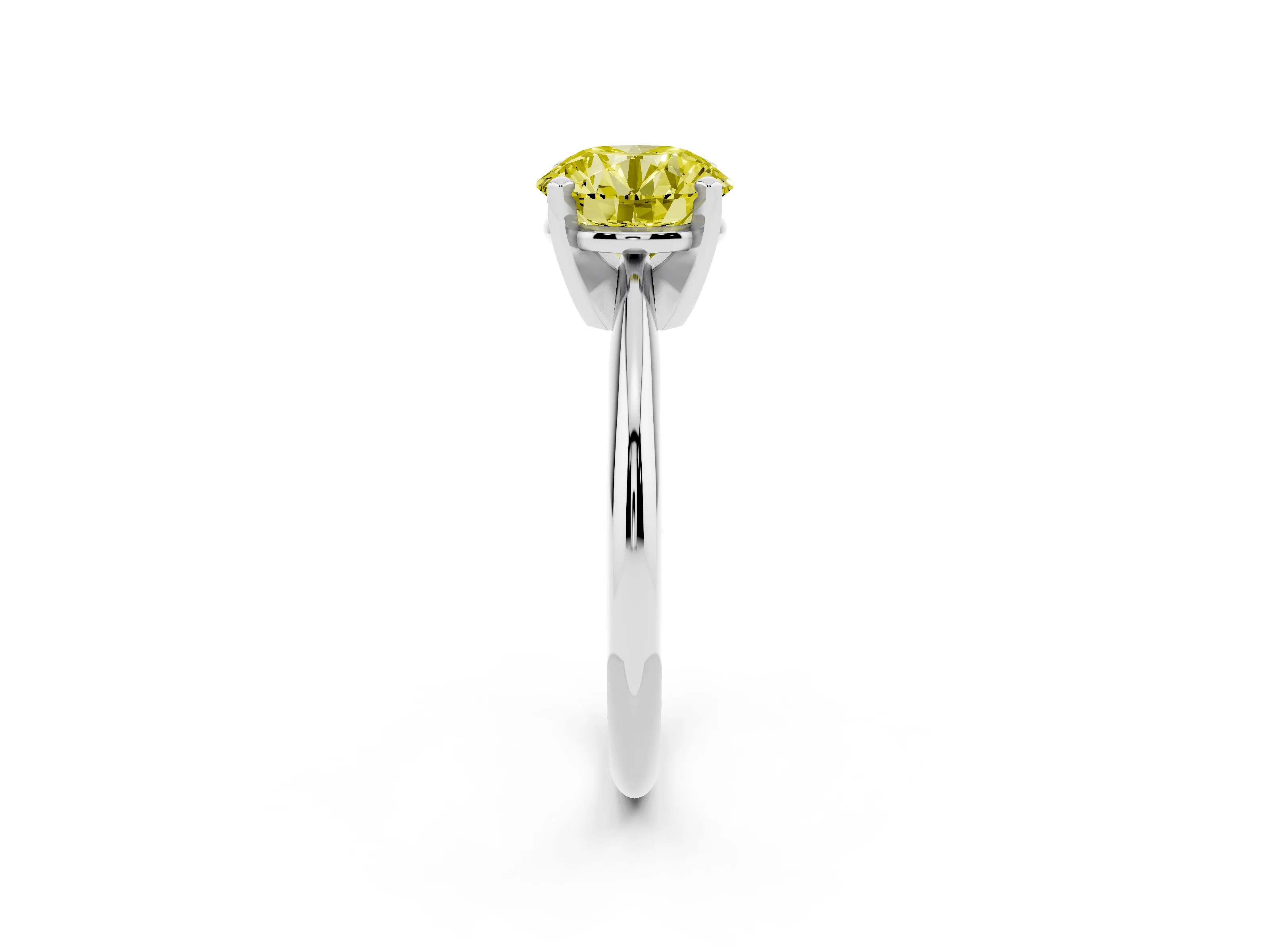 Fancy Yellow Round Cut Diamond Solitaire Ring Set in White gold with Prong Setting on a Plain Round Band
