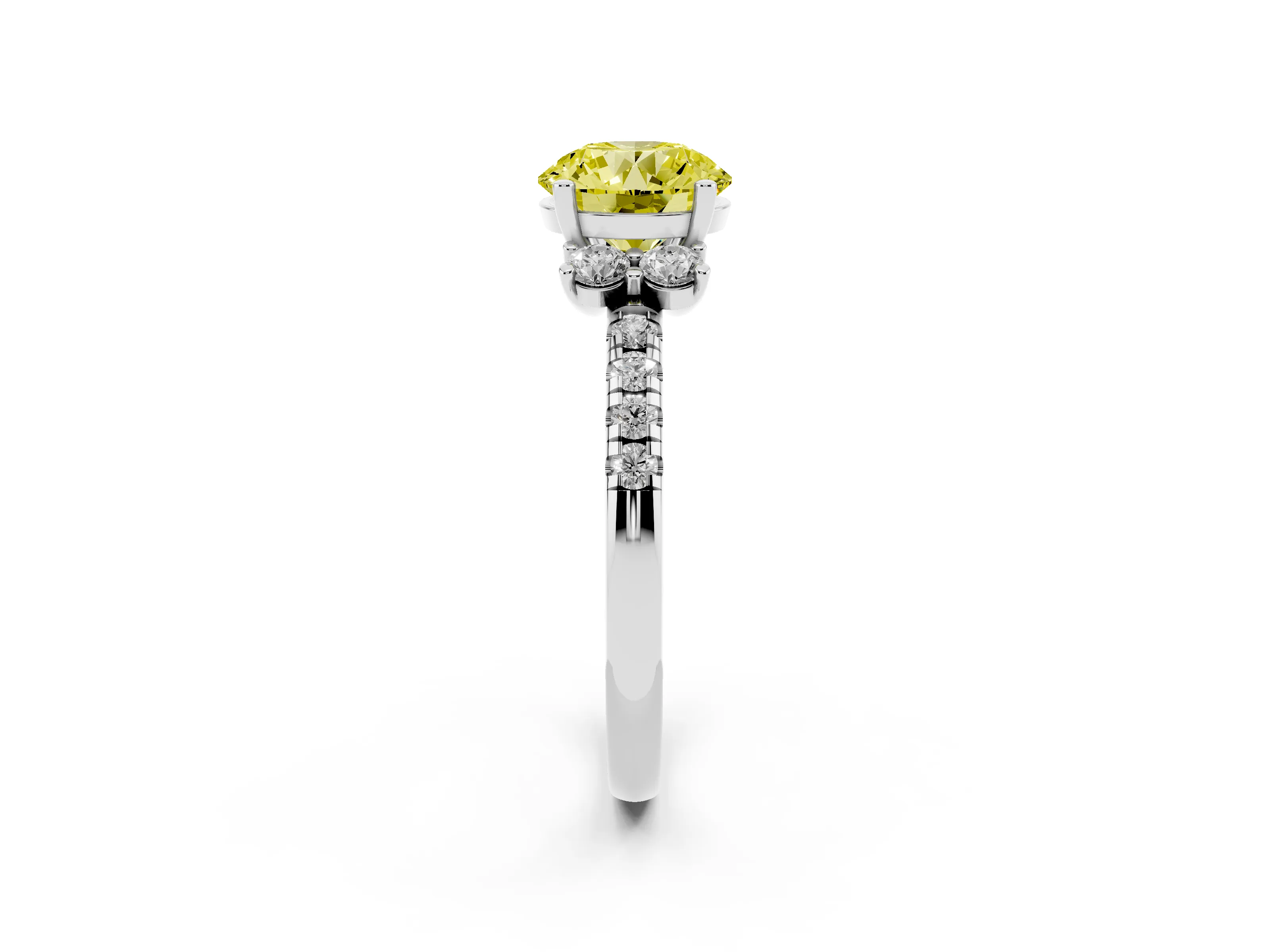 Fancy Yellow Round Cut Diamond Three-Stone Pavé Ring Set in White gold with Prong Setting