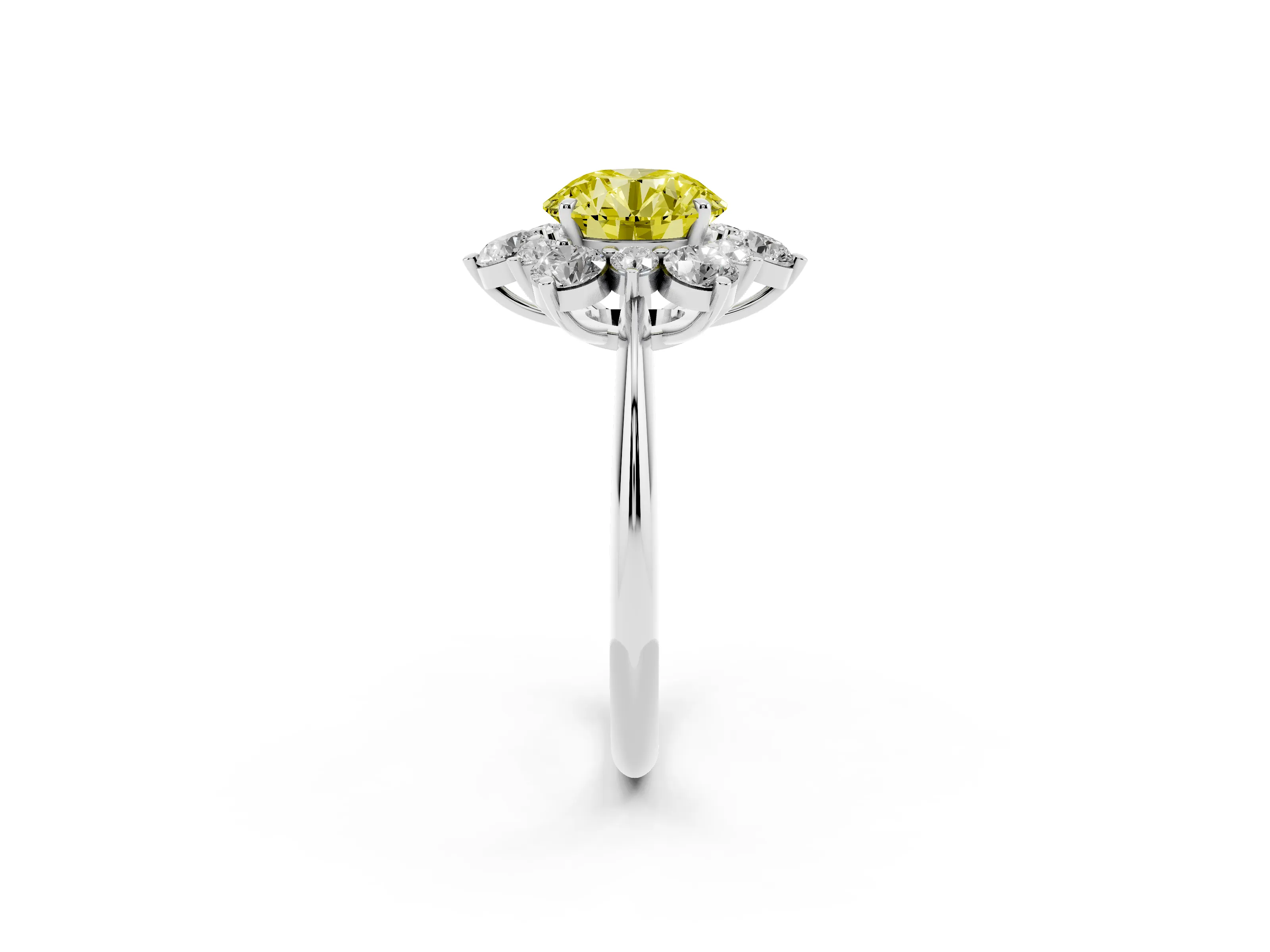 Fancy Yellow Round Cut Diamond Cluster Halo Ring Set in Silver with Solitaire Band and Prong Setting