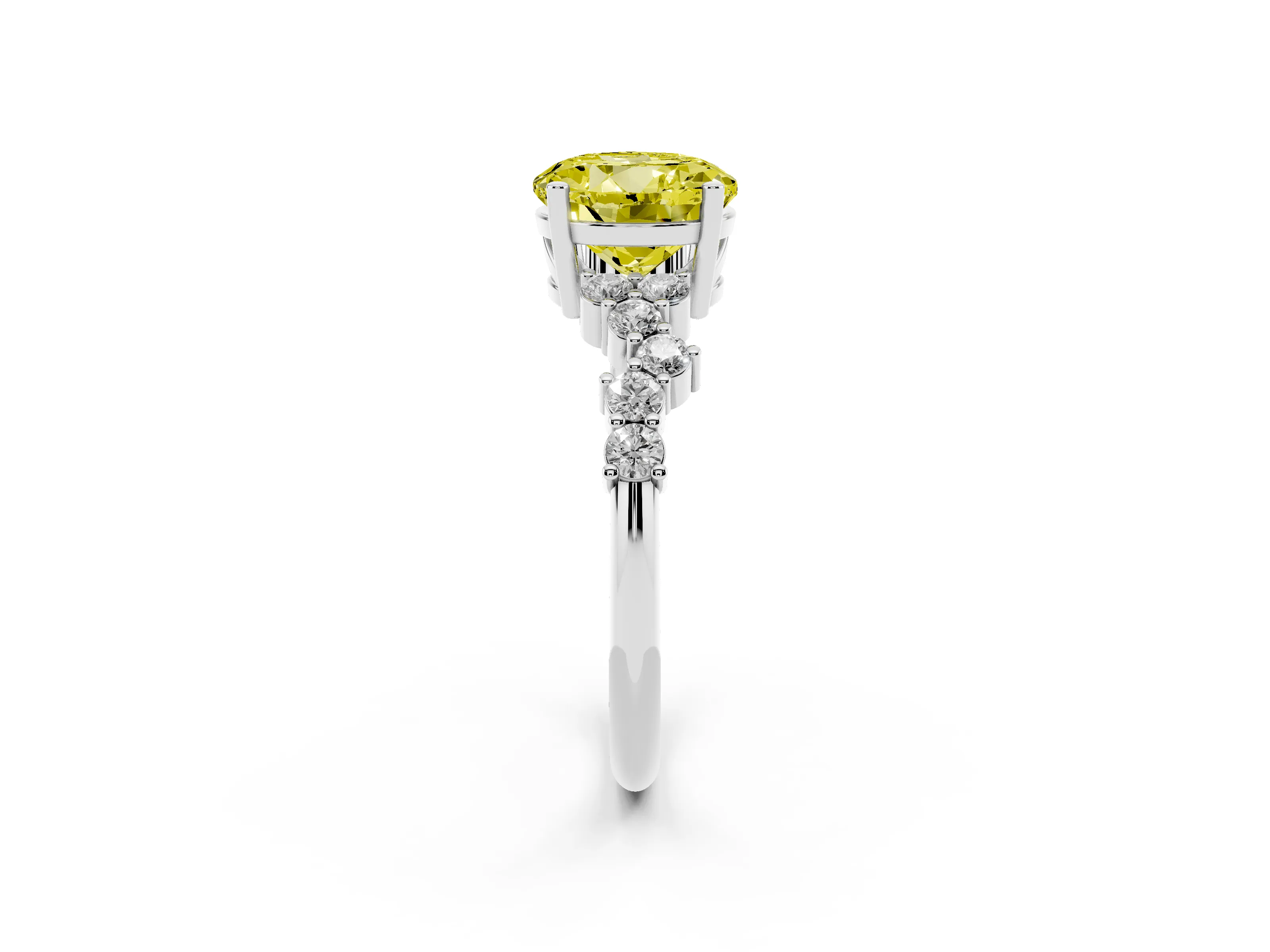 Fancy Yellow Round Cut Diamond Ring Set in White gold with Scattered Round Accents