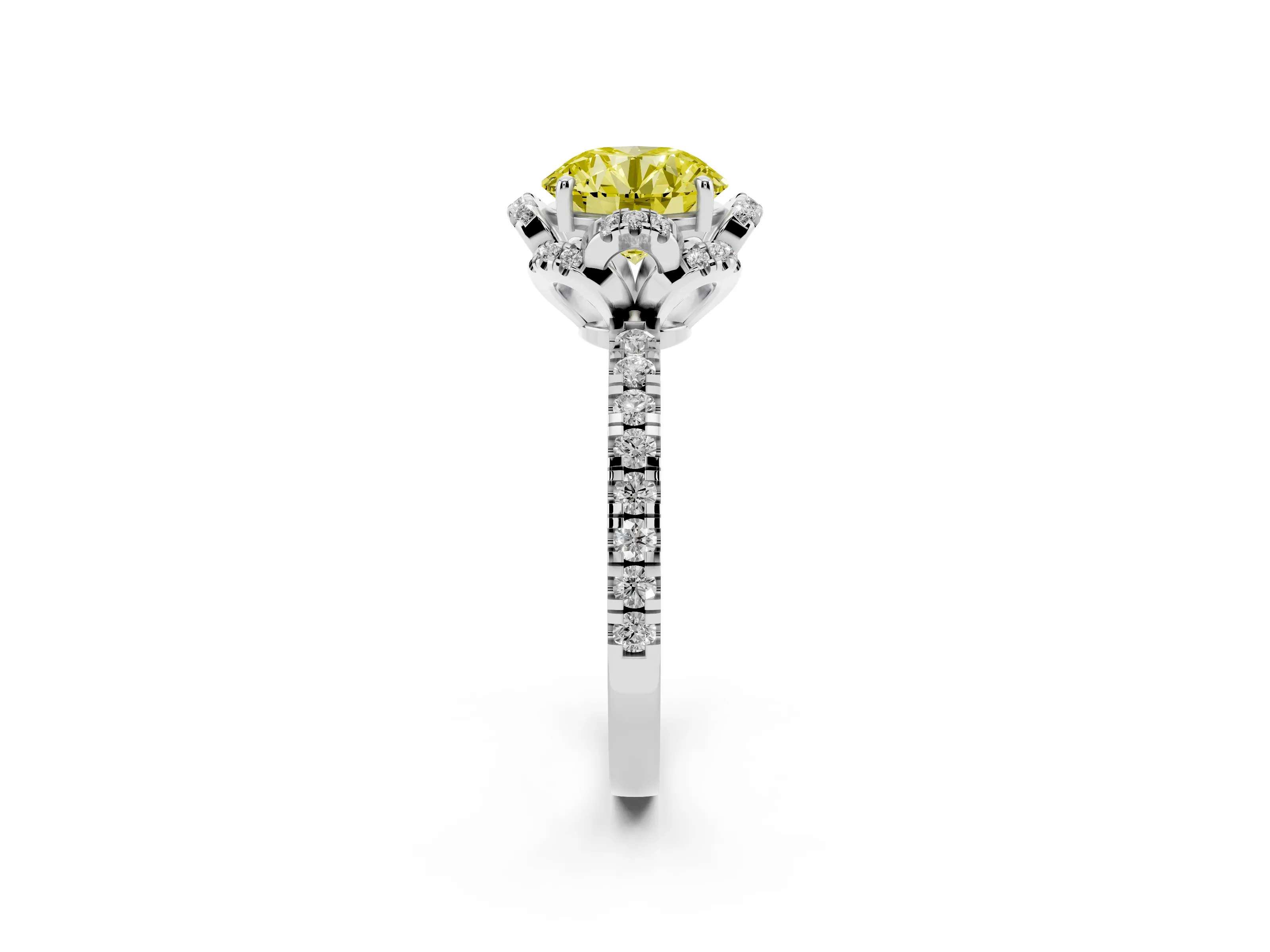 Fancy Yellow Round Cut Diamond Halo Pavé Band Ring Set in White gold with Prong-Held Center