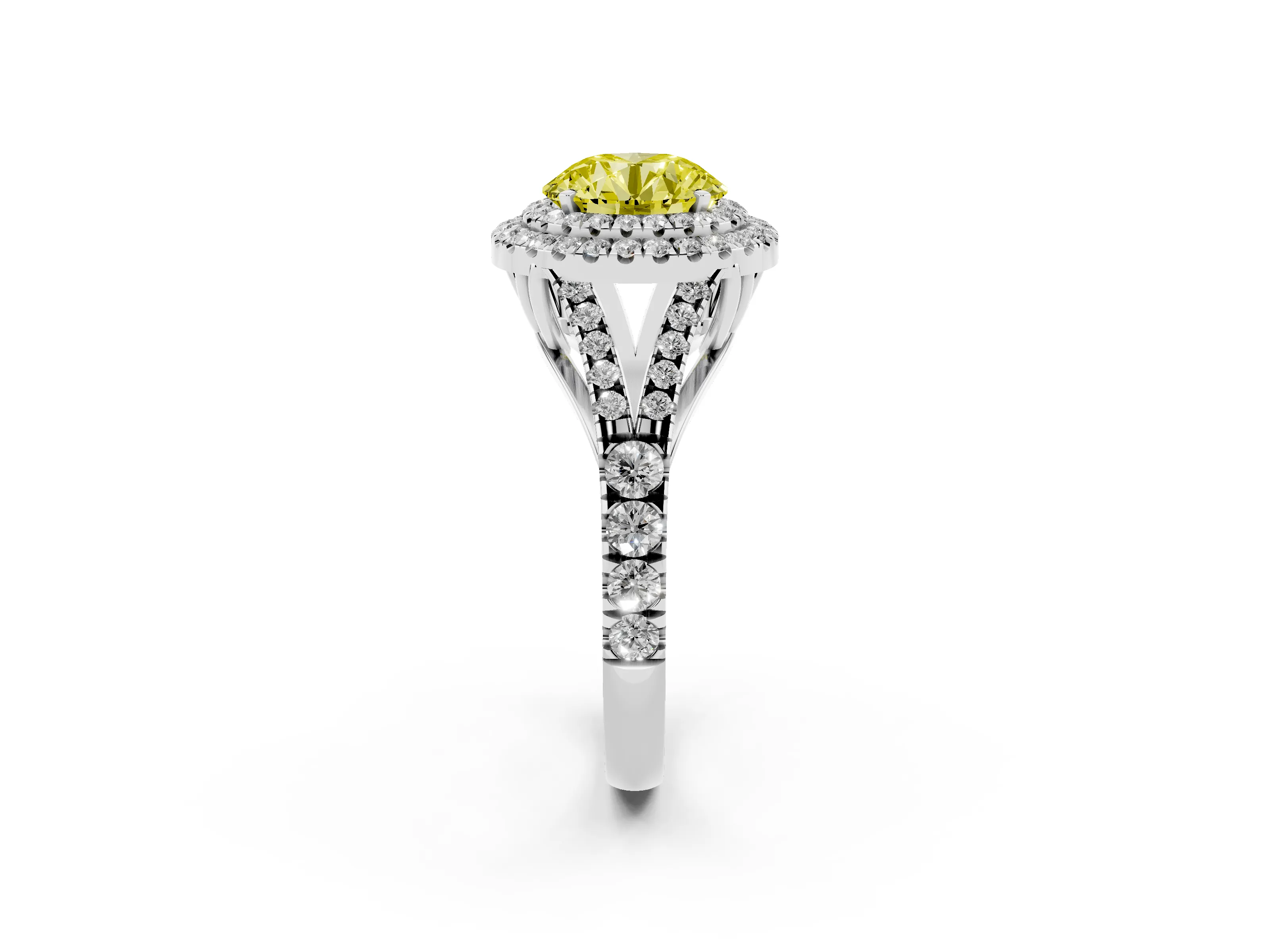 Fancy Yellow Round Cut Diamond Pavé Split Shank Double Halo Engagement Ring Set in Silver