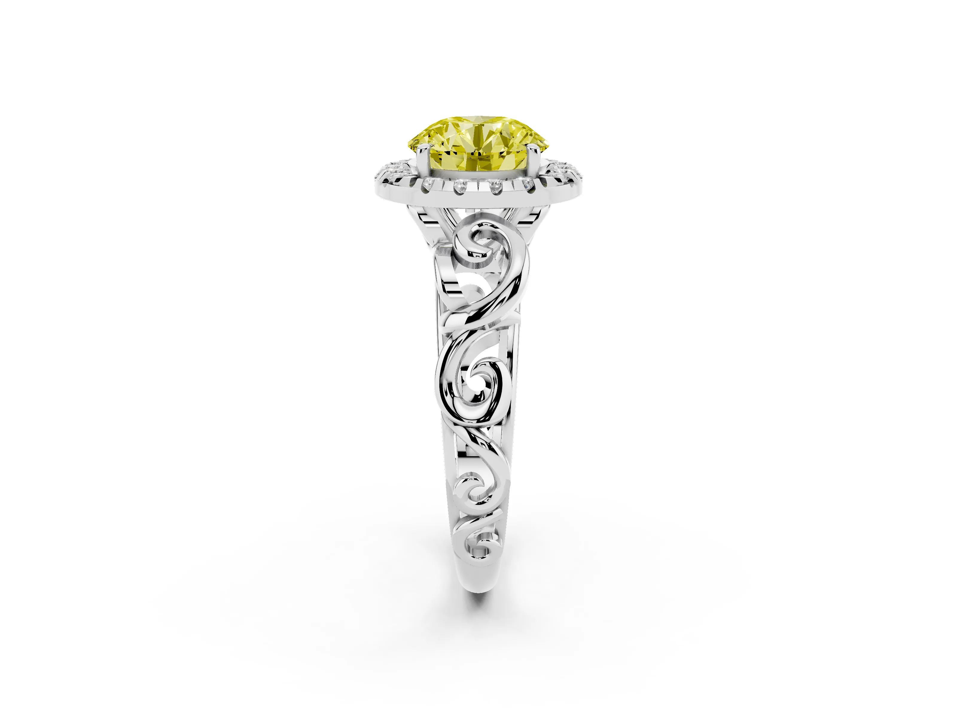 Fancy Yellow Round Cut Diamond Halo Ring Set in Platinum with Scrollwork Band and Prong Setting