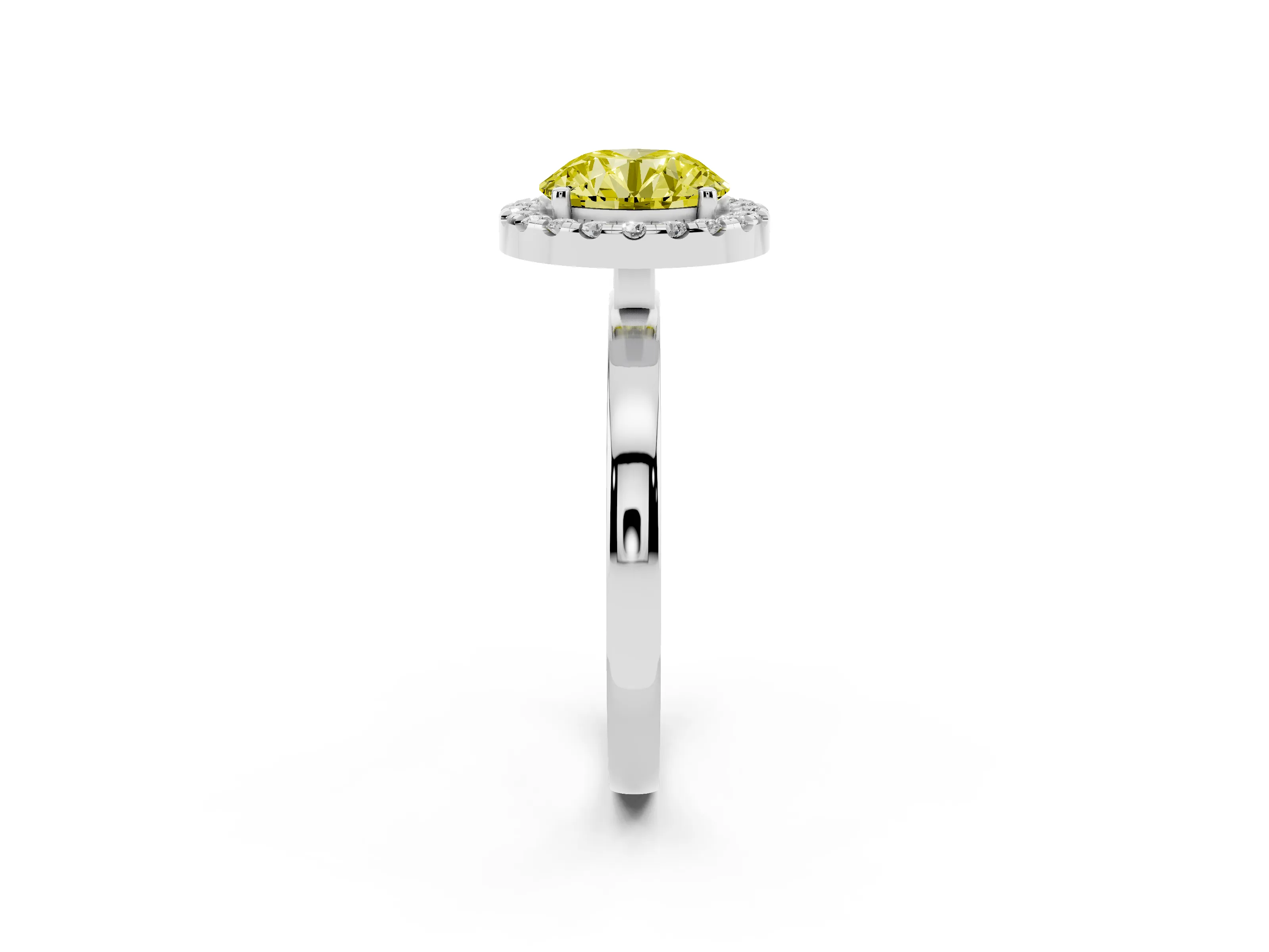 Fancy Yellow Round Cut Diamond Halo Solitaire Ring Set in White gold with Pavé Band and Prong Setting