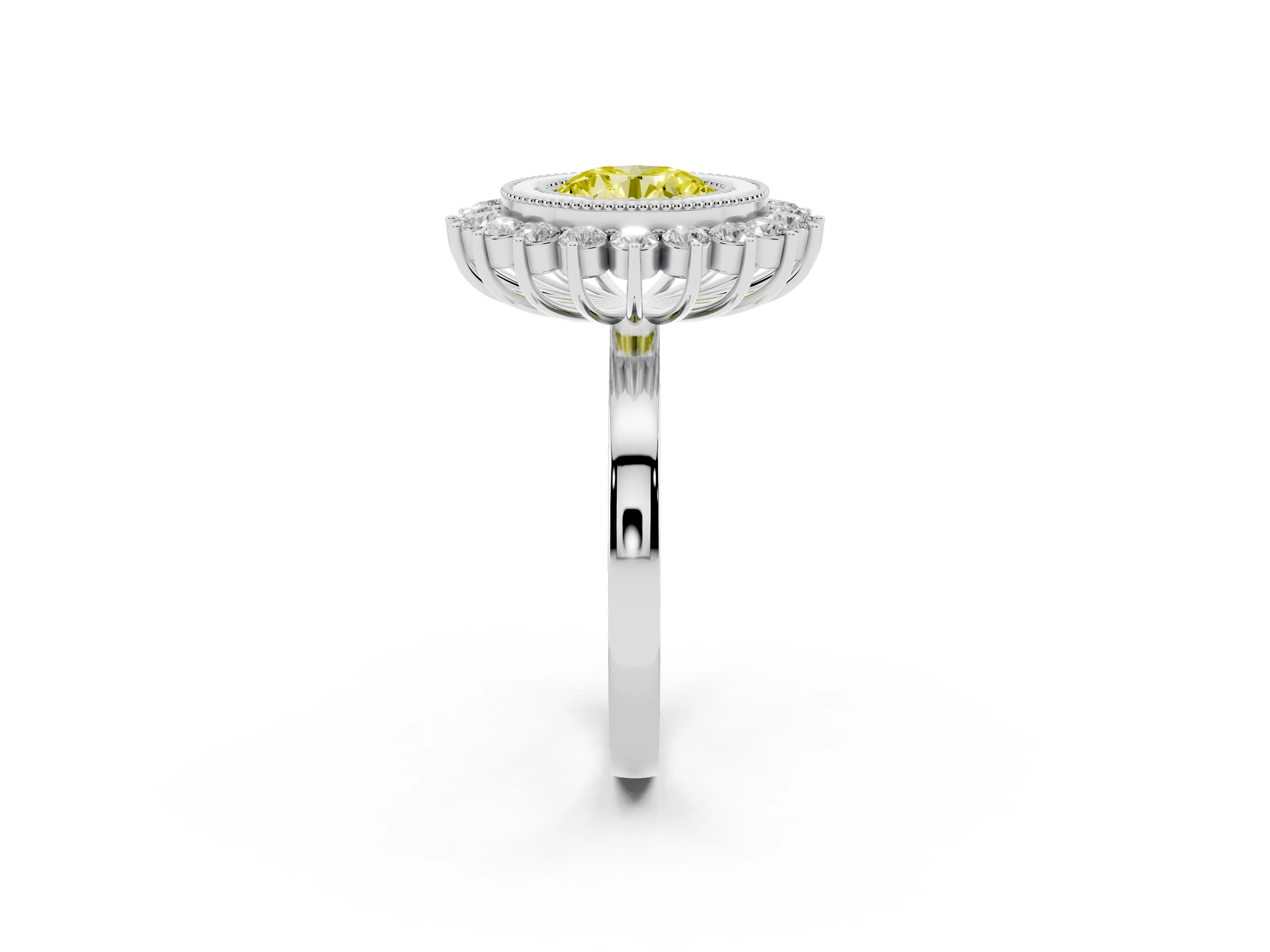 Fancy Yellow Round Cut Diamond Halo Ring Set in Silver with Milgrain Edge and Round Prong Setting