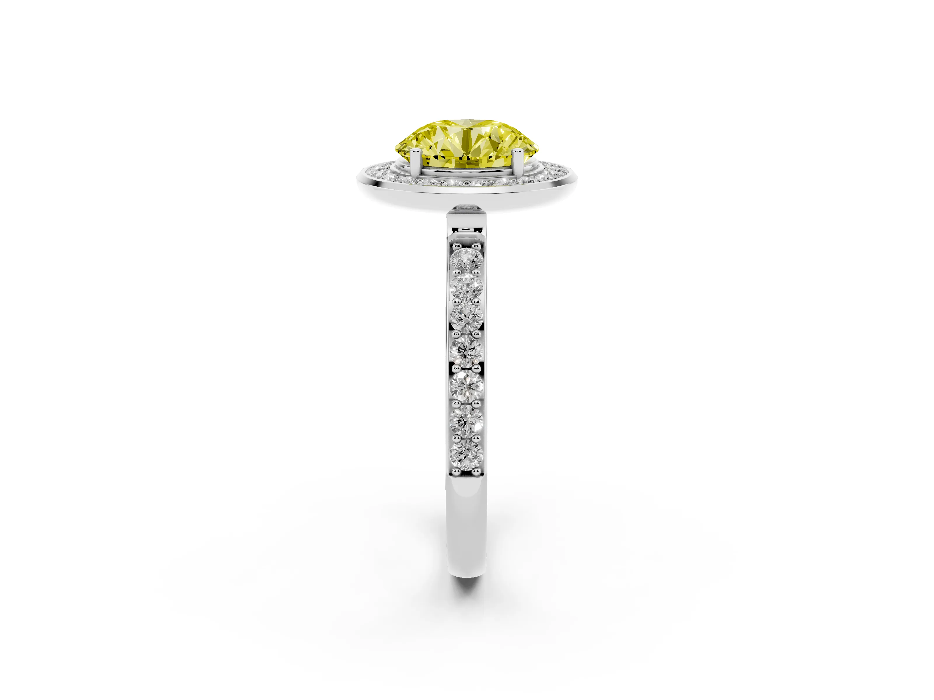 Fancy Yellow Round Cut Diamond Halo Ring Set in Silver with Bezel Frame and Pavé Band