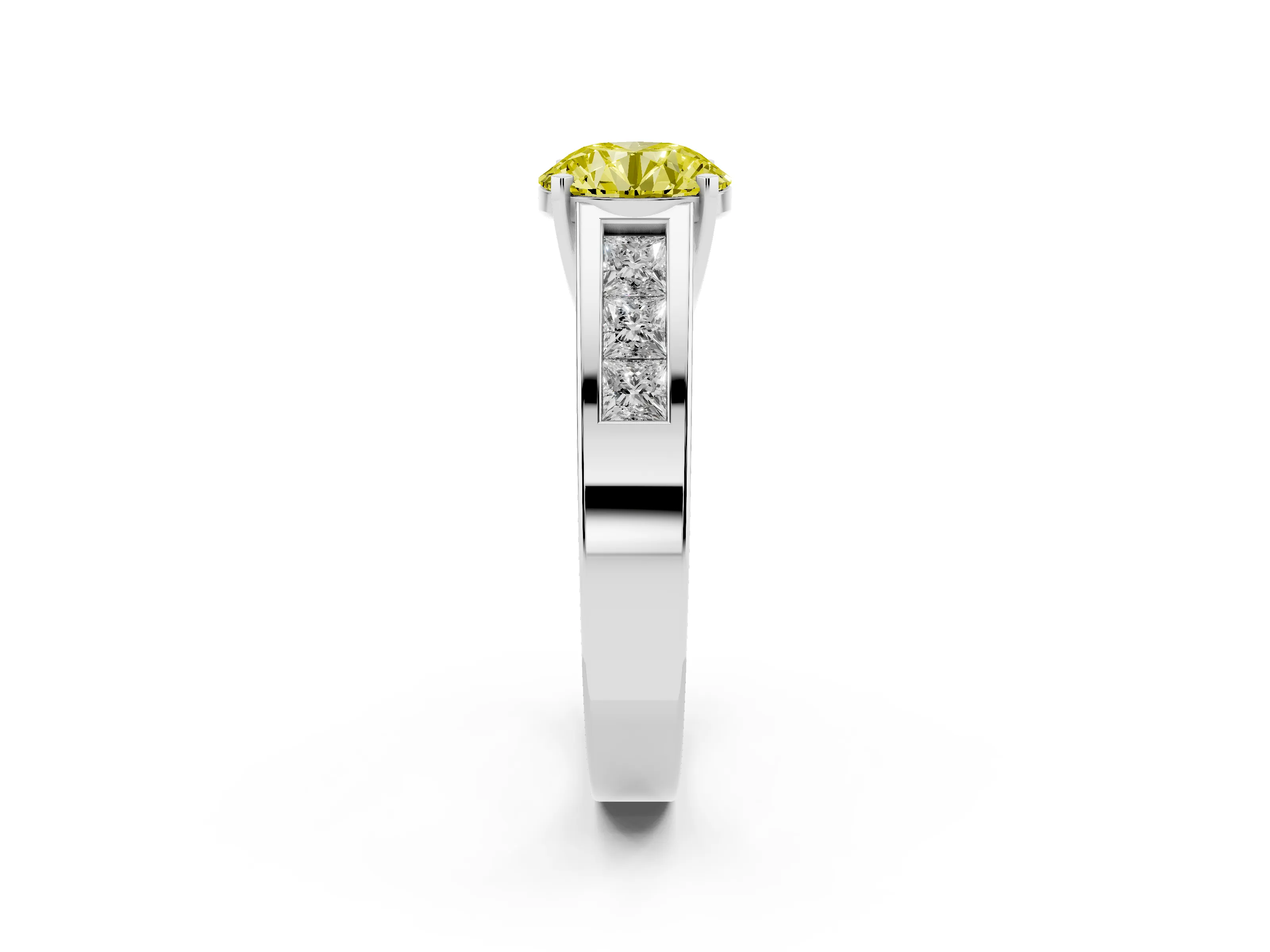 Fancy Yellow Round Cut Diamond Solitaire Ring Set in Silver with Channel-Set Accent Stones and Prong Setting