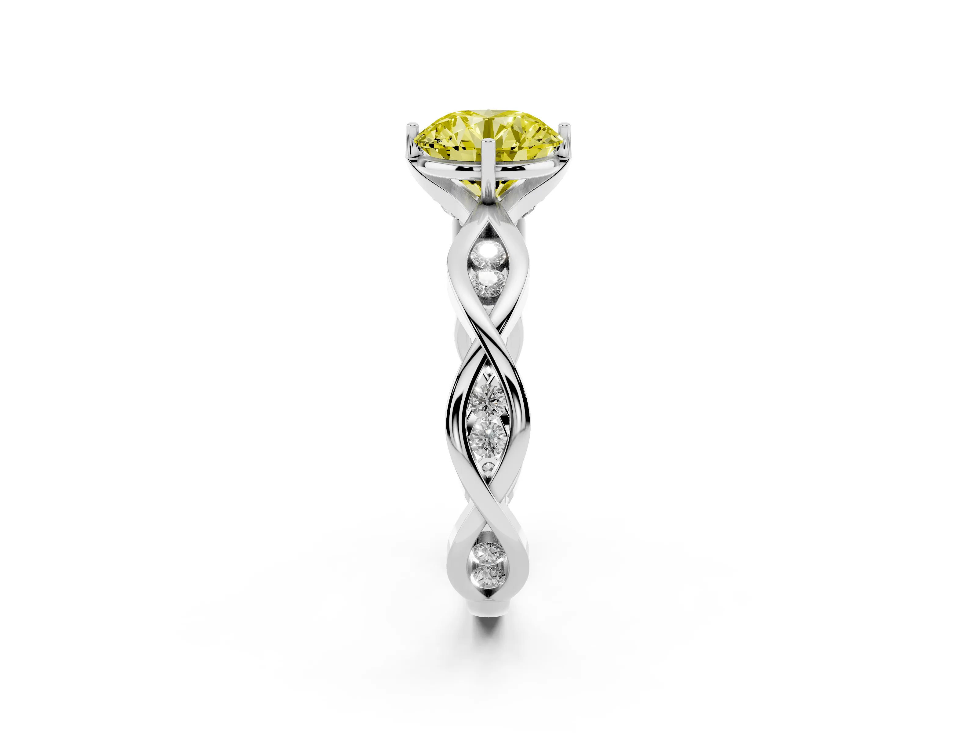 Fancy Yellow Round Cut Diamond Twist Band Solitaire Ring Set in Platinum with Leaf Prong Setting and Accent Stones