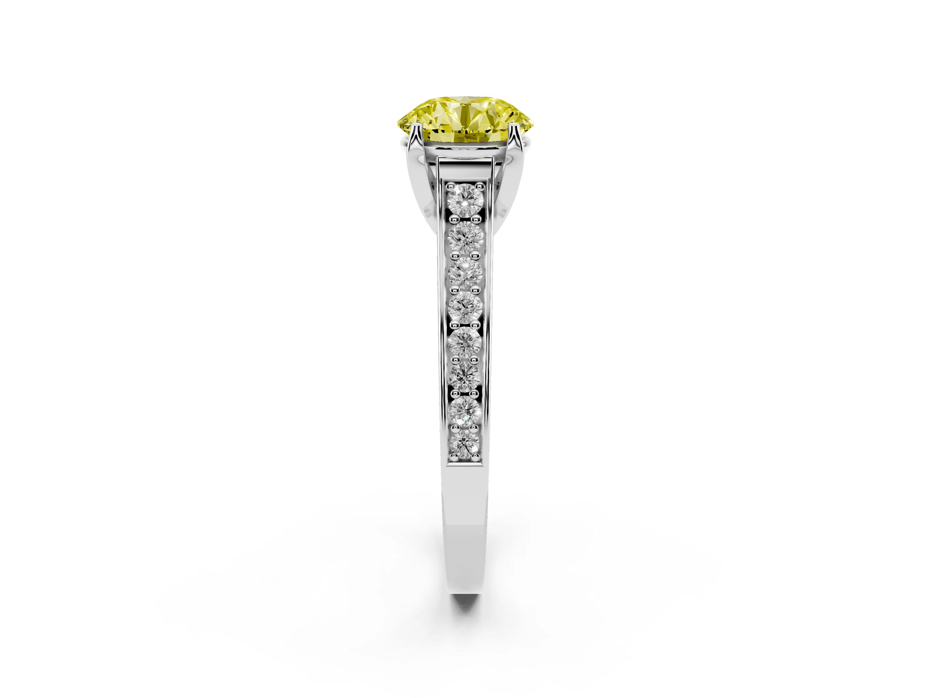 Fancy Yellow Round Cut Diamond Solitaire Pavé Engagement Ring Set in White gold with Prong Setting