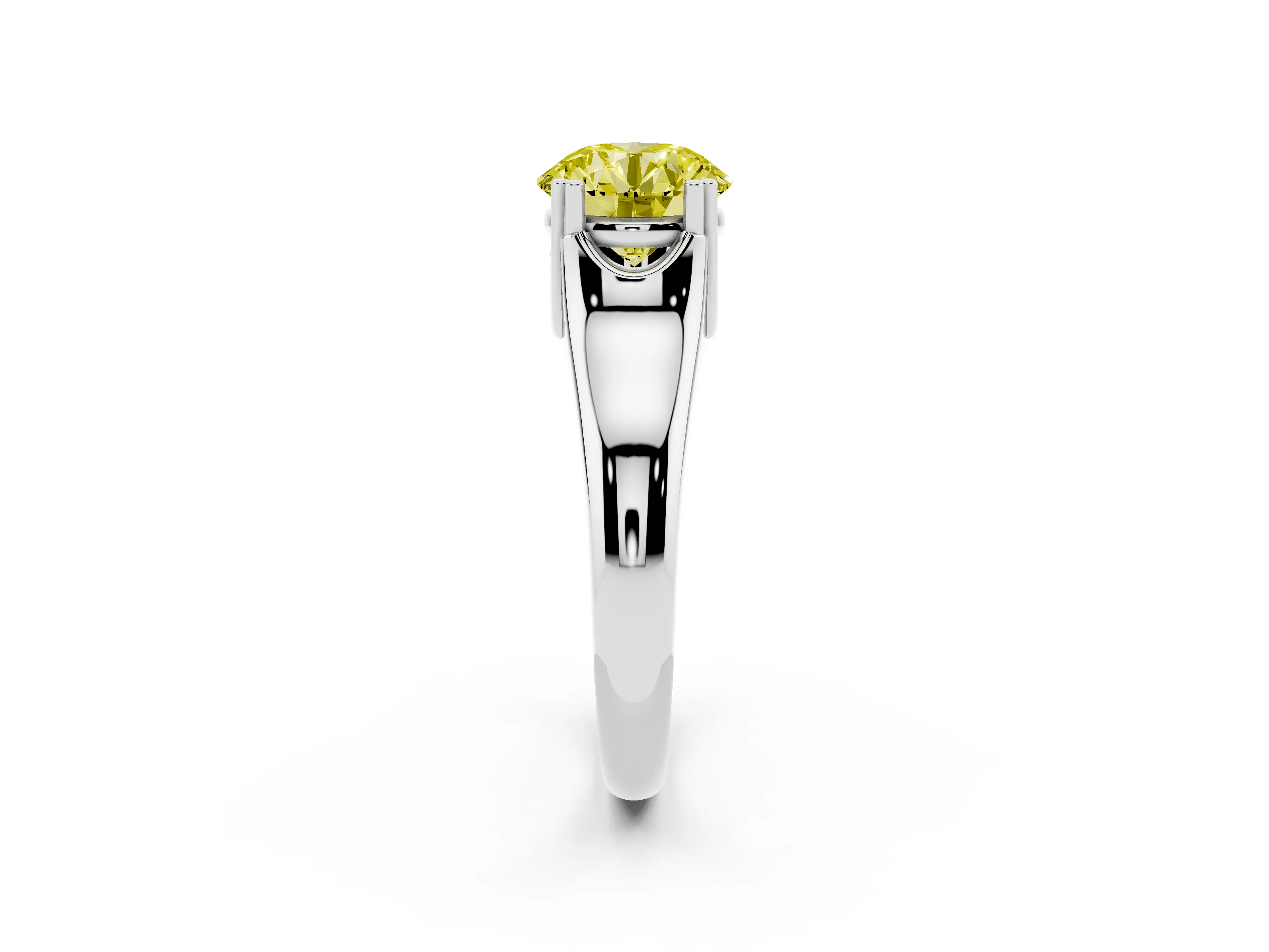 Fancy Yellow Round Cut Diamond Solitaire Ring Set in Platinum with Wide Band and Prong Setting