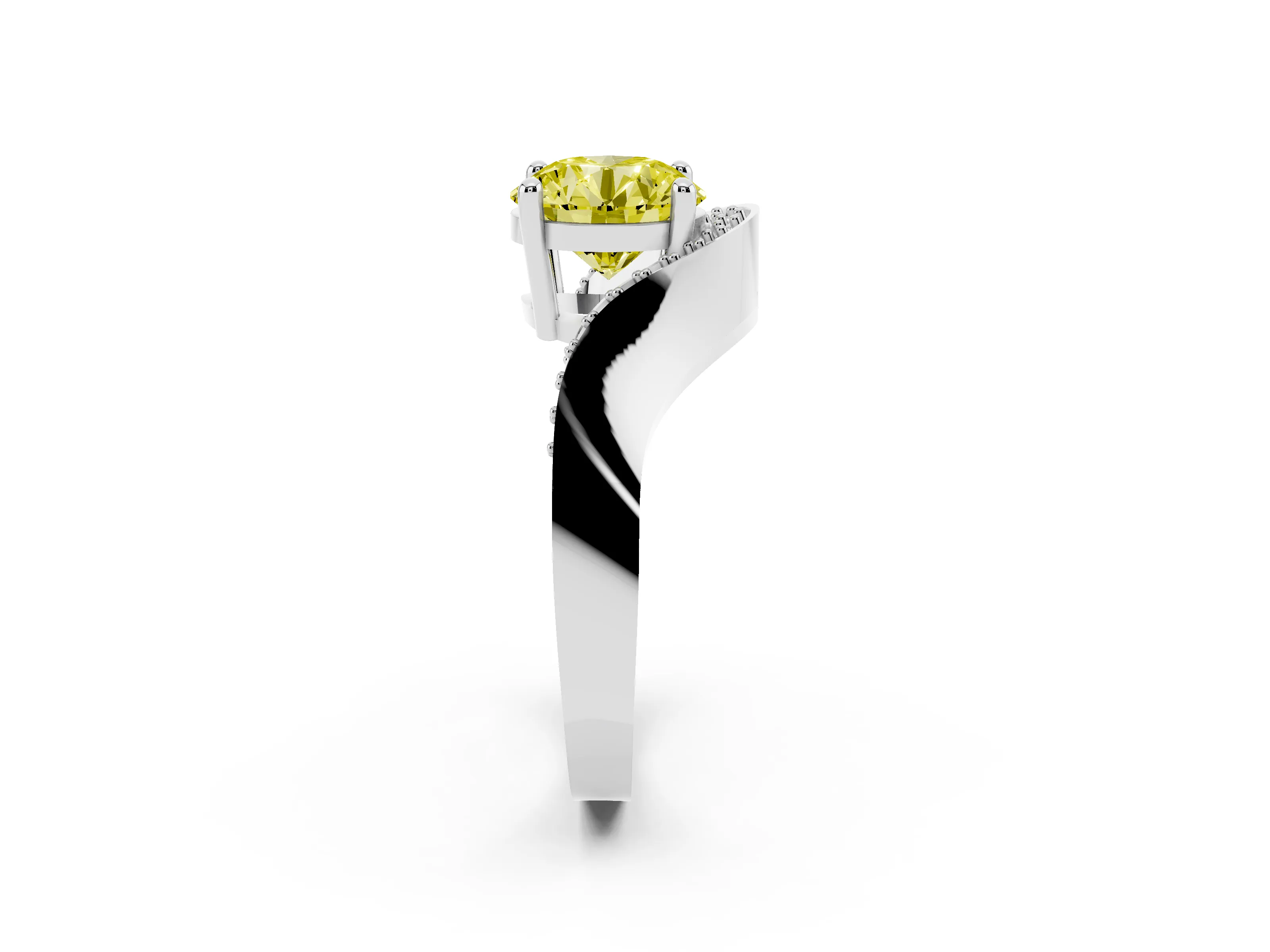 Fancy Yellow Round Cut Diamond Solitaire Engagement Ring Set in White gold with Pavé Shoulders
