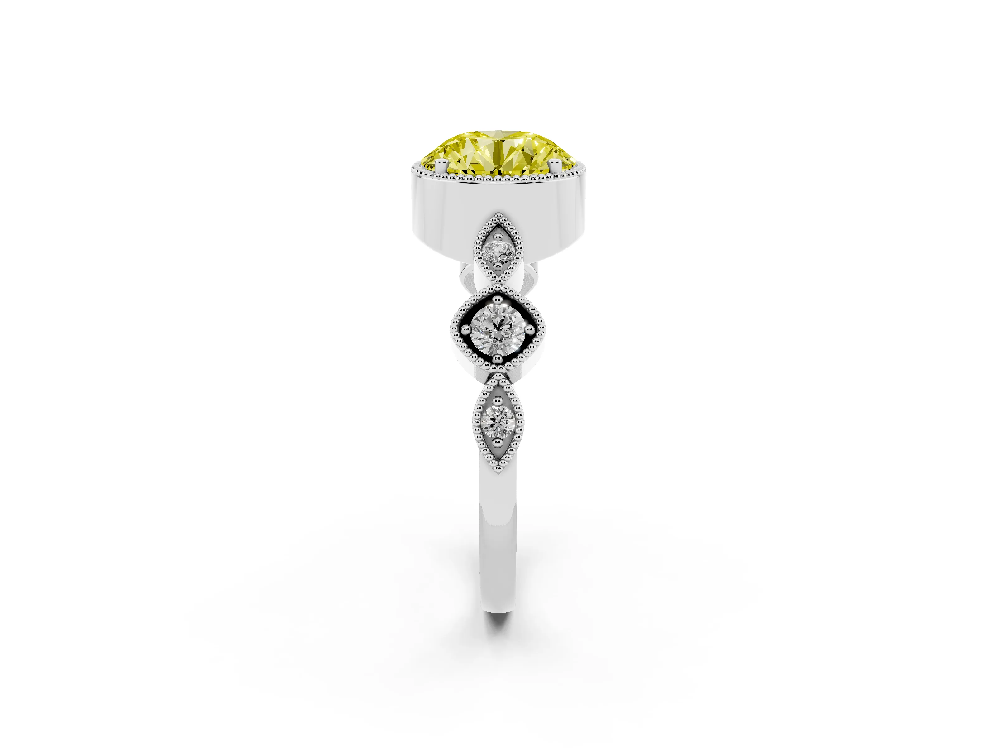Fancy Yellow Round Cut Diamond Vintage-Inspired Milgrain Ring Set in Platinum with Marquise Stations of Round Accents