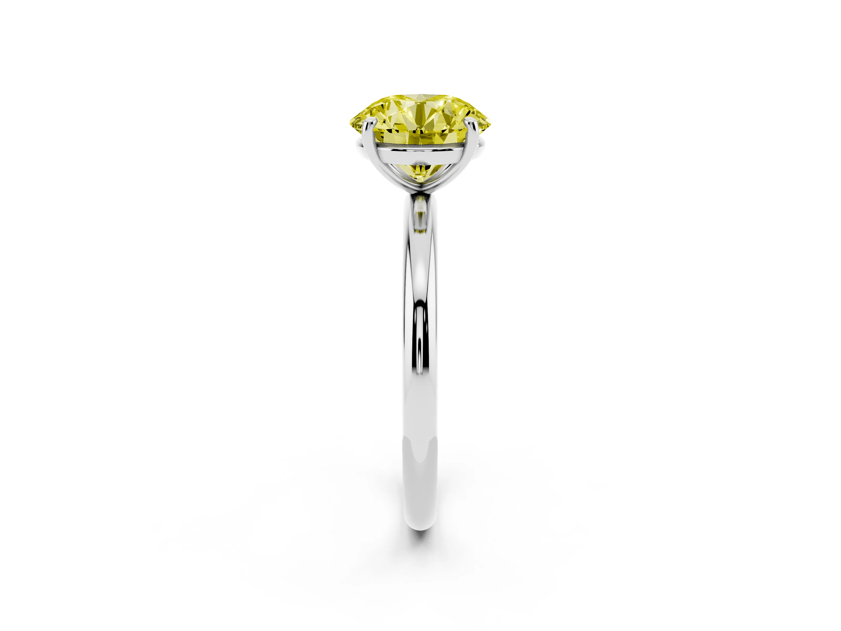 Fancy Yellow Round Cut Diamond Solitaire Ring Set in Platinum with Prong Setting on a Polished Plain Band