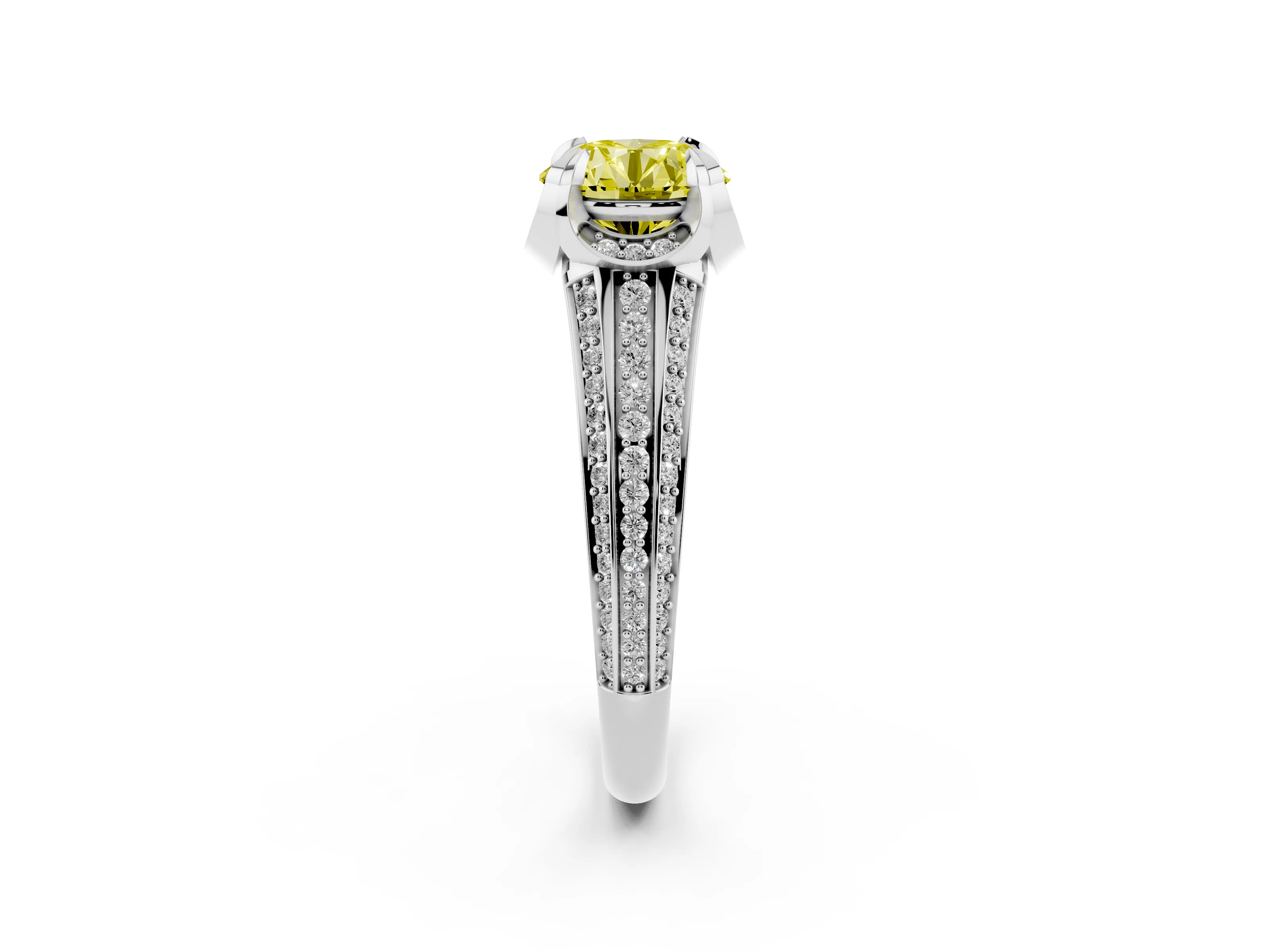 Fancy Yellow Round Cut Diamond Pavé Split Shank Solitaire Ring Set in Platinum with Prong Setting