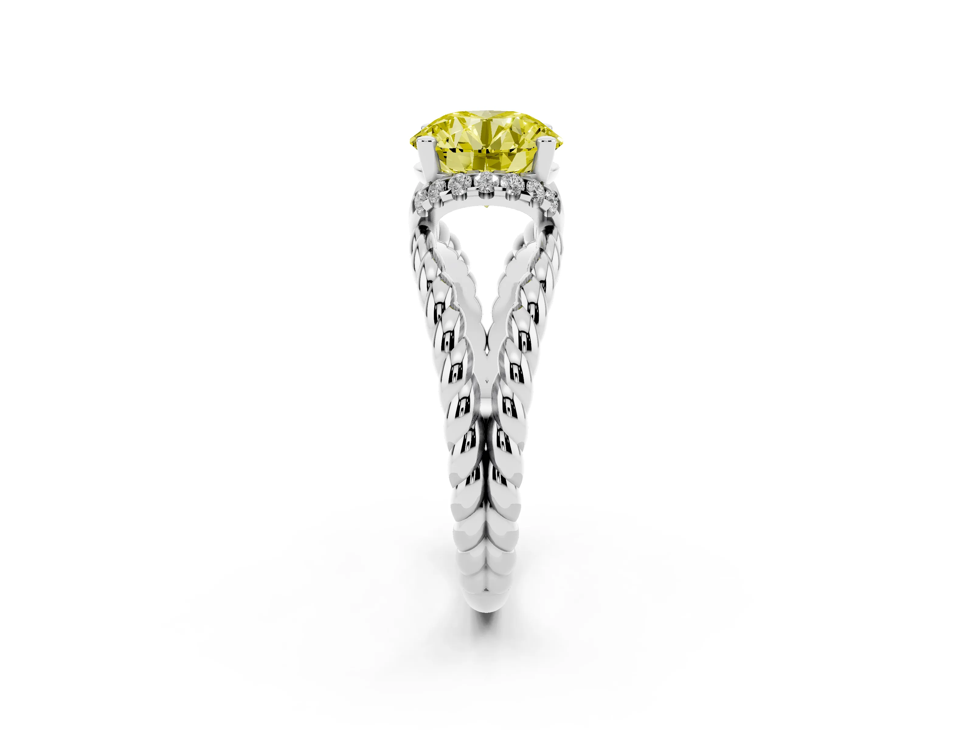 Fancy Yellow Round Cut Diamond Halo Ring Set in White gold with Twisted Band and Prong Setting