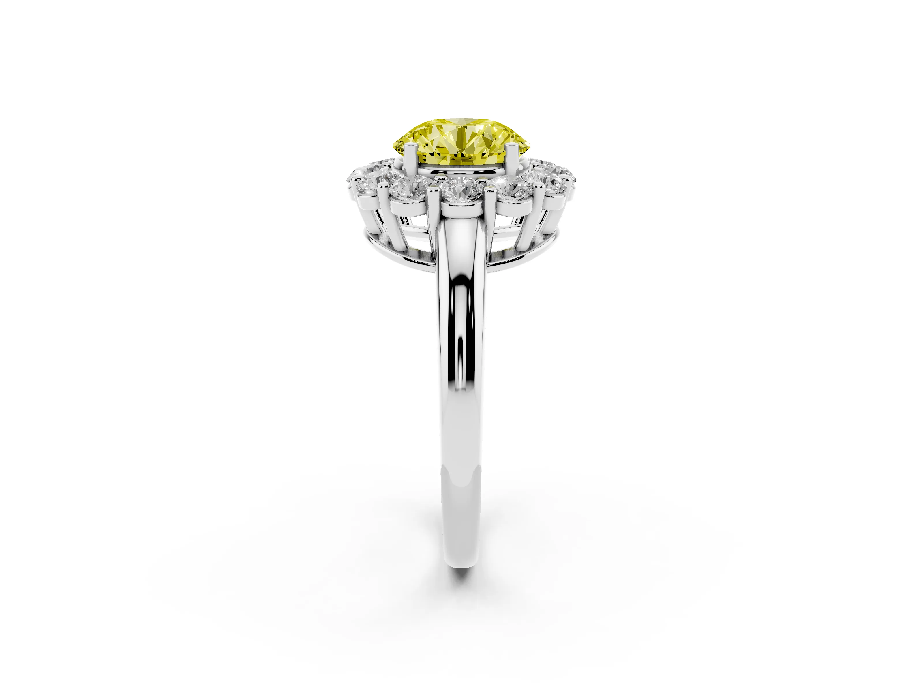 Fancy Yellow Round Cut Diamond Halo Cluster Engagement Ring Set in White gold with Polished Band and Prong Setting