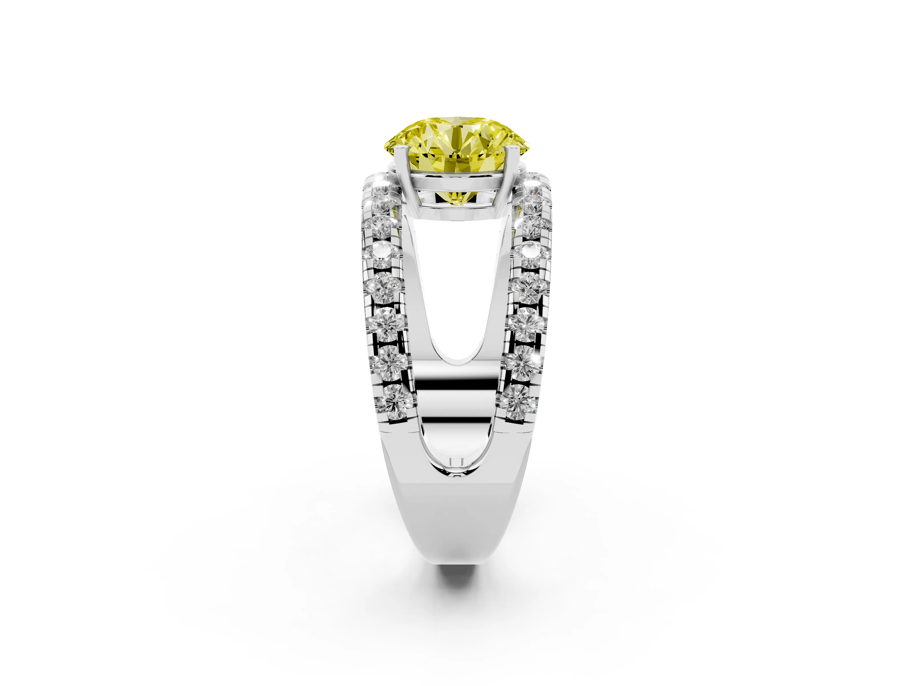 Fancy Yellow Round Cut Diamond Split Shank Pavé Solitaire Ring Set in White gold with Open Shank Design
