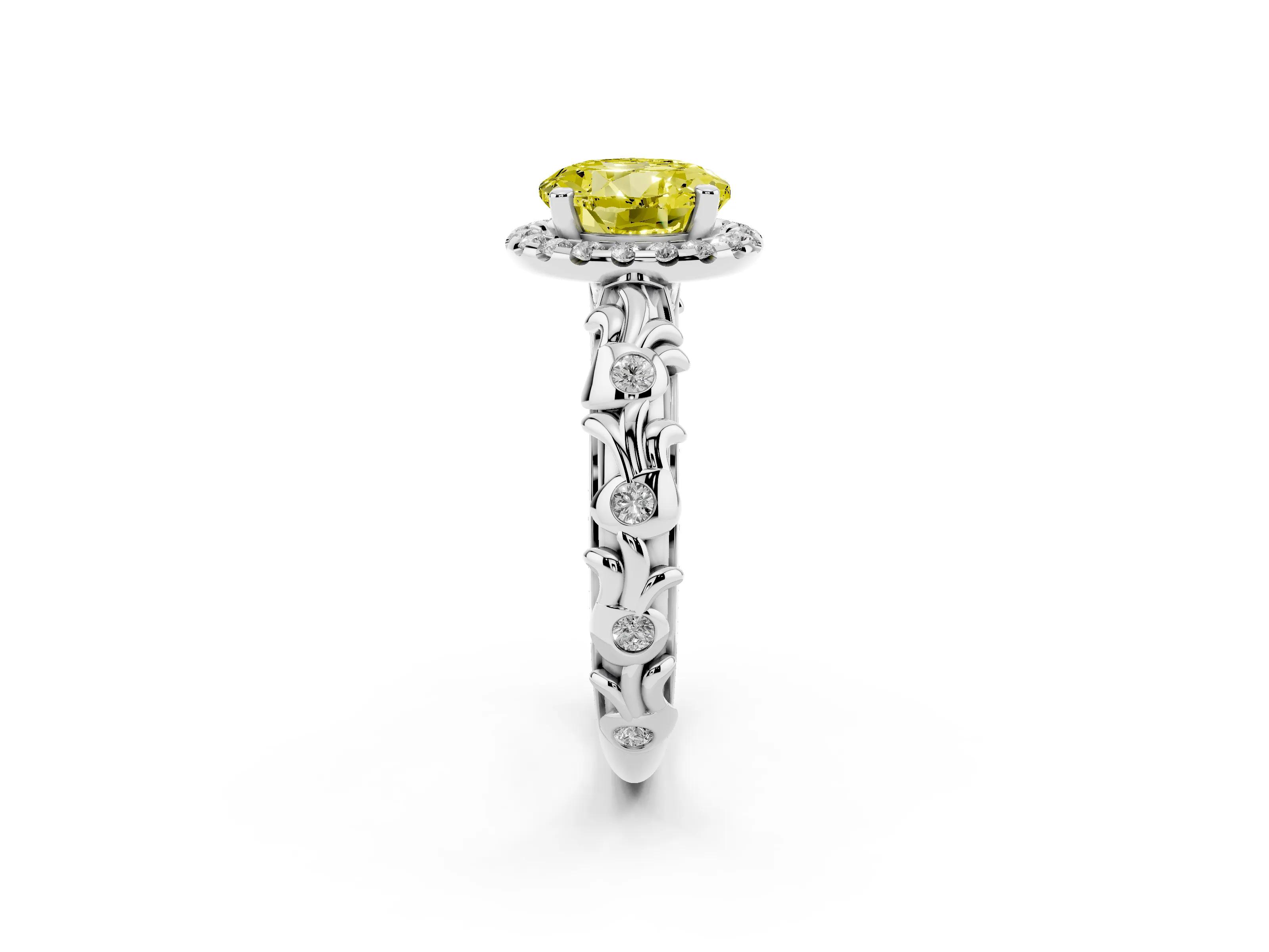 Fancy Yellow Round Cut Diamond Halo Ring Set in Platinum with Filigree Leaf Band and Prong Setting